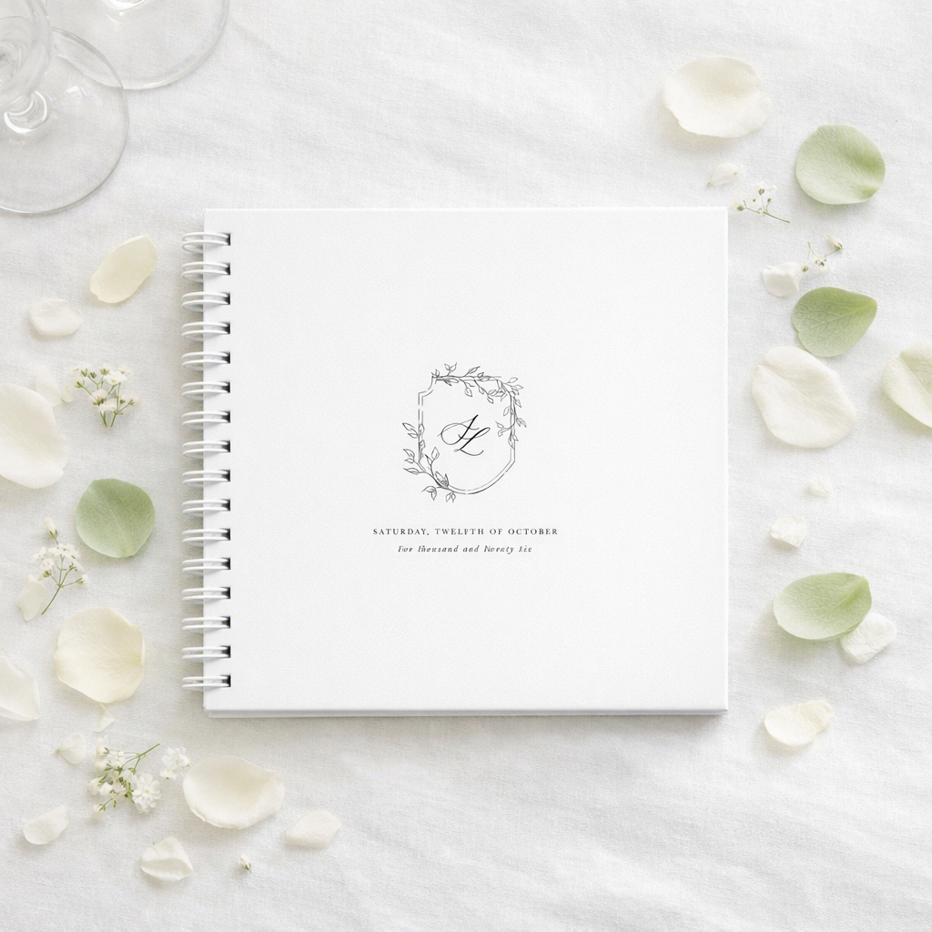 white wedding guest book with white binder, laid flat on a white tablecloth with green and white petals