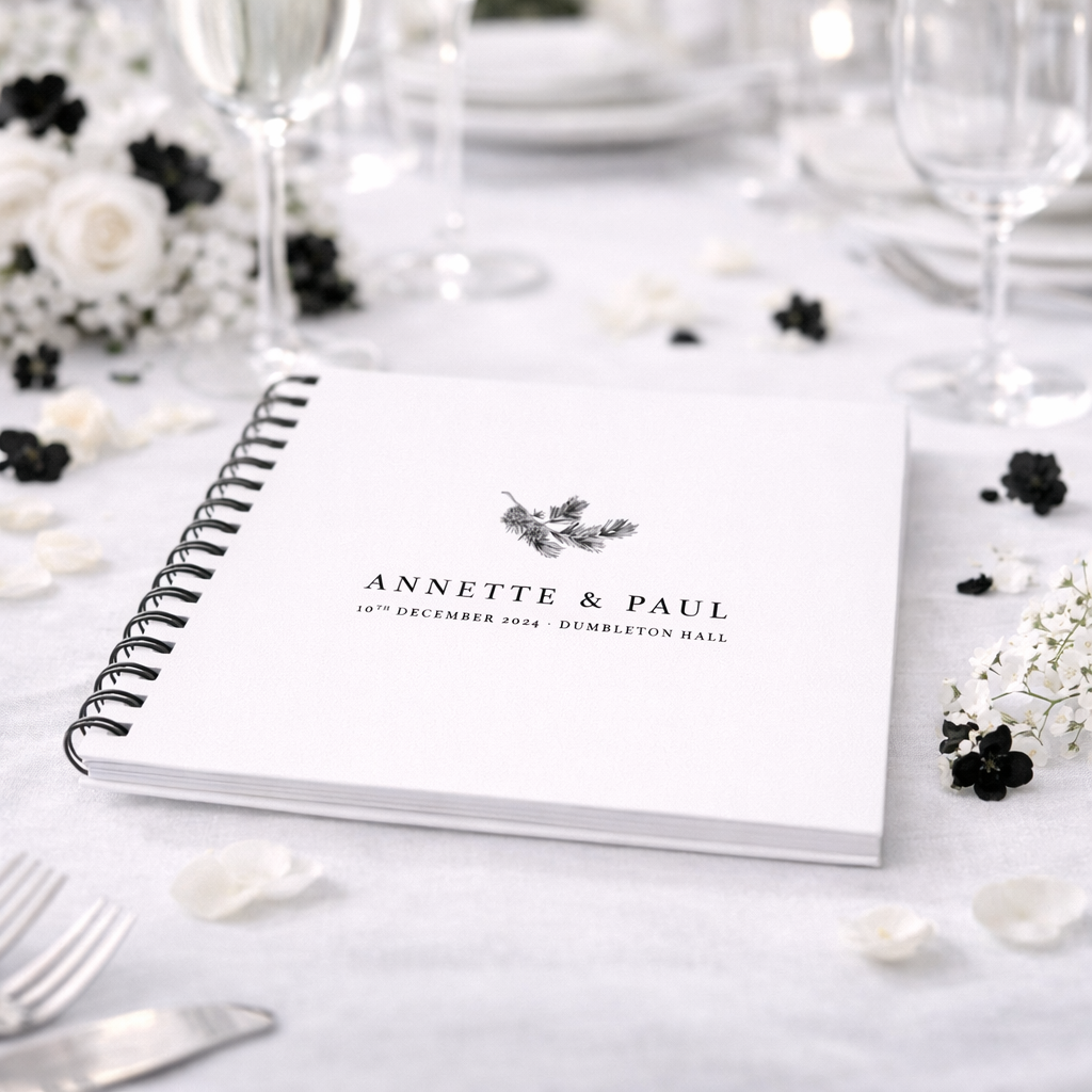 Personalised Guest Book on a wedding breakfast table with white and black flowers