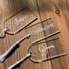 Personalised Acrylic Place Cards in Clear Acrylic and White Tassel
