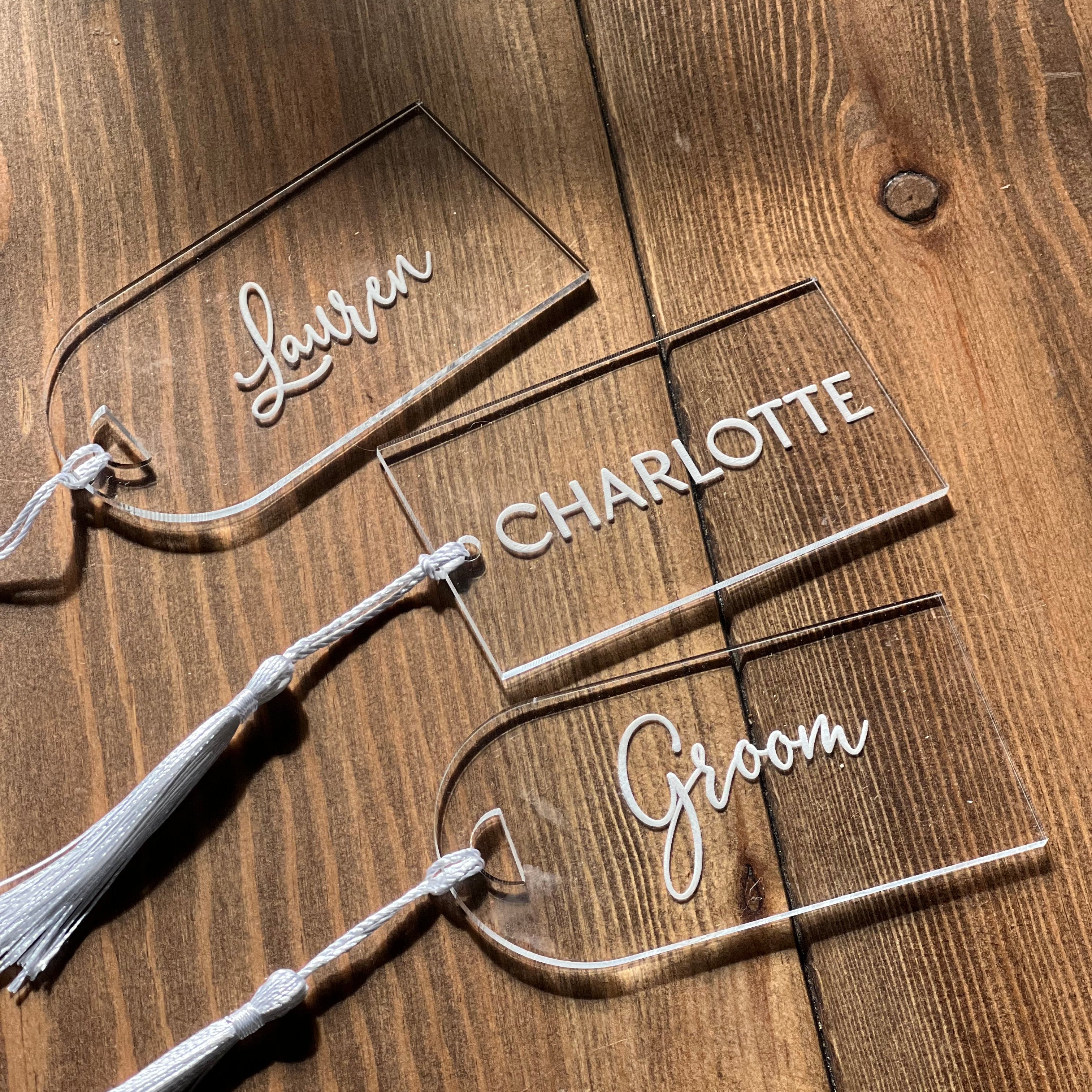 Personalised Acrylic Place Cards in Clear Acrylic and White Tassel