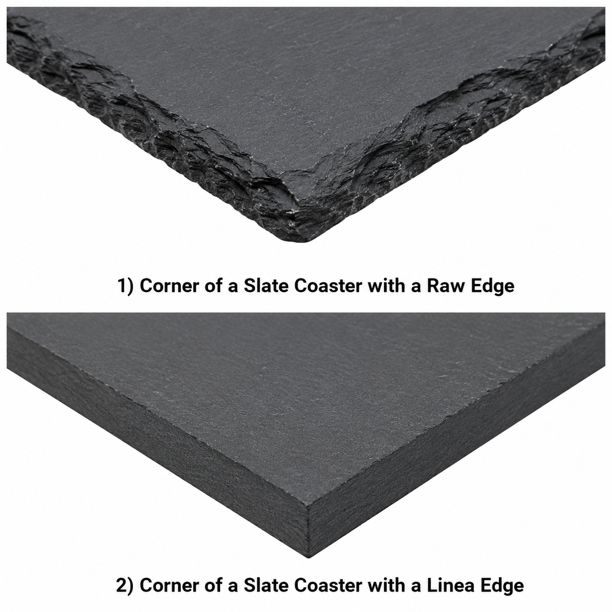 Two corners of slate coasters with raw and linea edges on a white background
