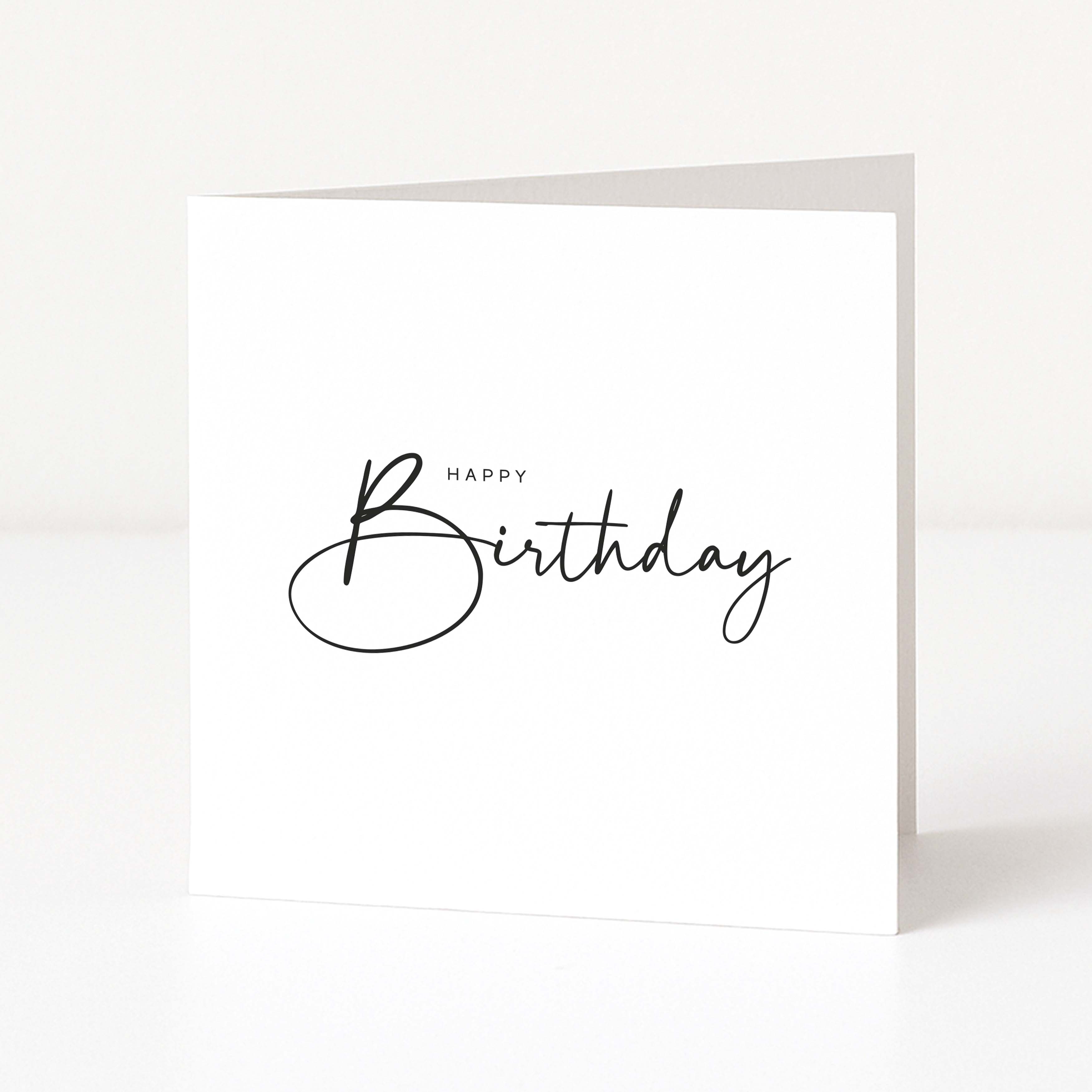 White birthday card with 'Happy Birthday' text on a white background