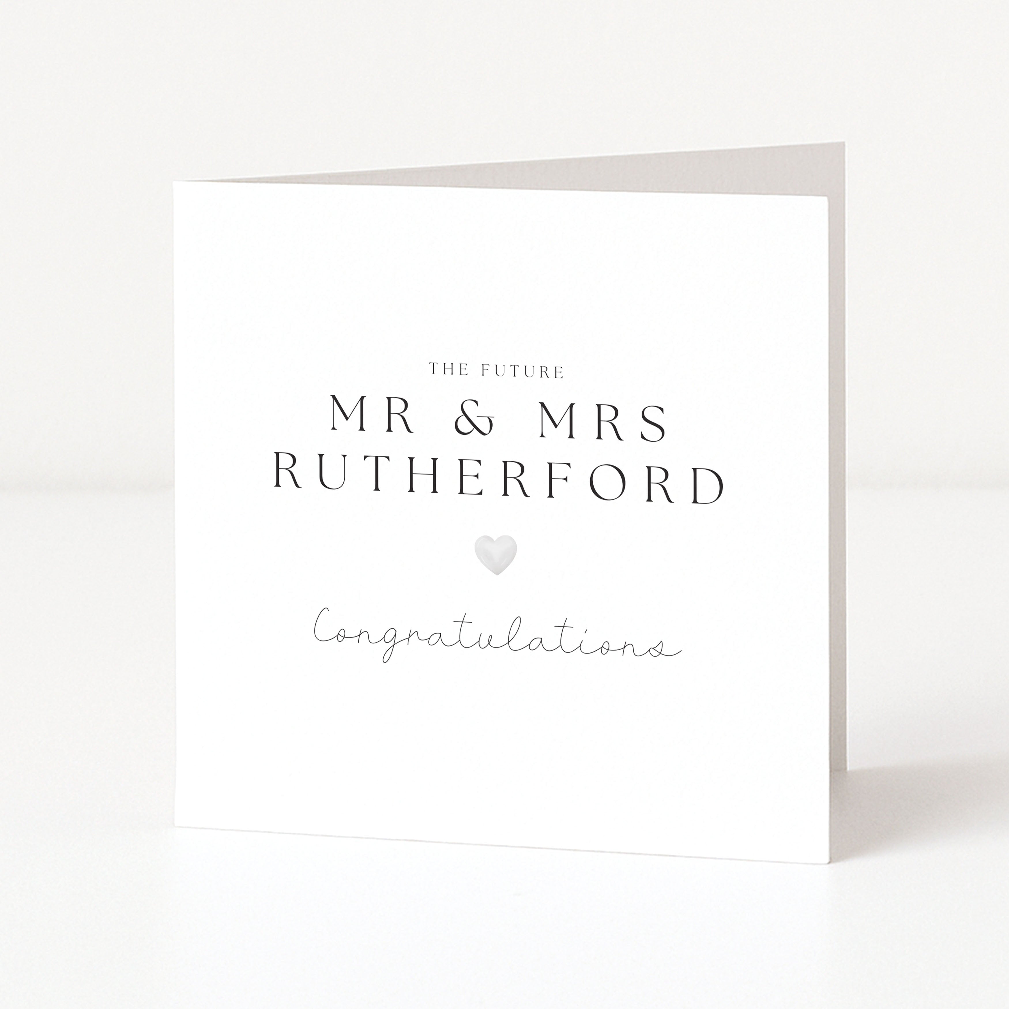 Greeting card with 'The Future Mr & Mrs Rutherford Congratulations' text on a white background