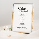 Framed wedding cake flavor sign with 'Cake Flavours' details on a white background