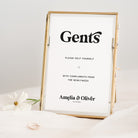 Decorative sign with 'Gents' and personalized text in a gold frame on a white background