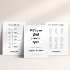 Retro-themed wedding signage package including welcome sign, order of the day and seating chart