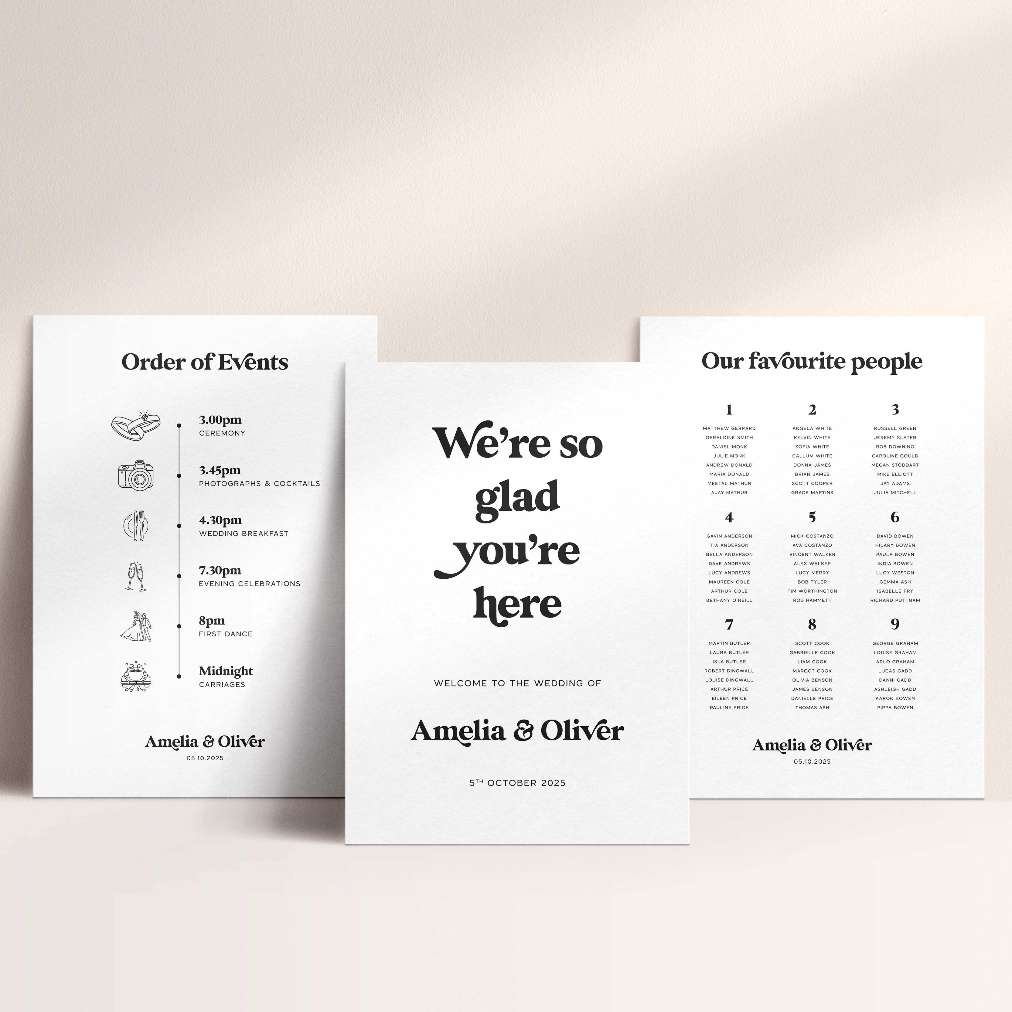 Retro-themed wedding signage package including welcome sign, order of the day and seating chart