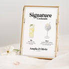 Framed cocktail menu with 'Signature Cocktails' on a white background