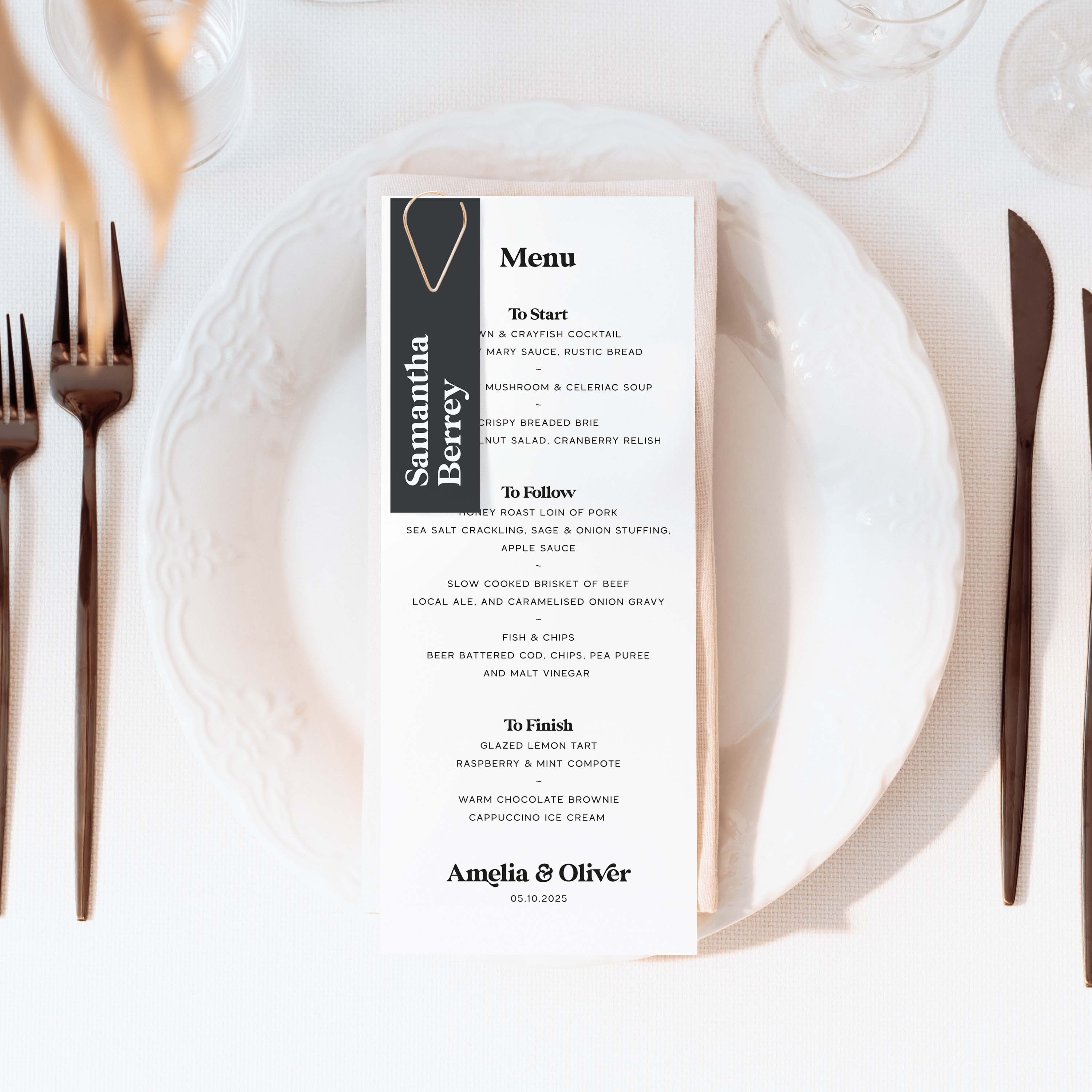 Modern Retro Wedding Menu Card with Slate Grey Name Tag - Soho Collection, Elle Bee Design