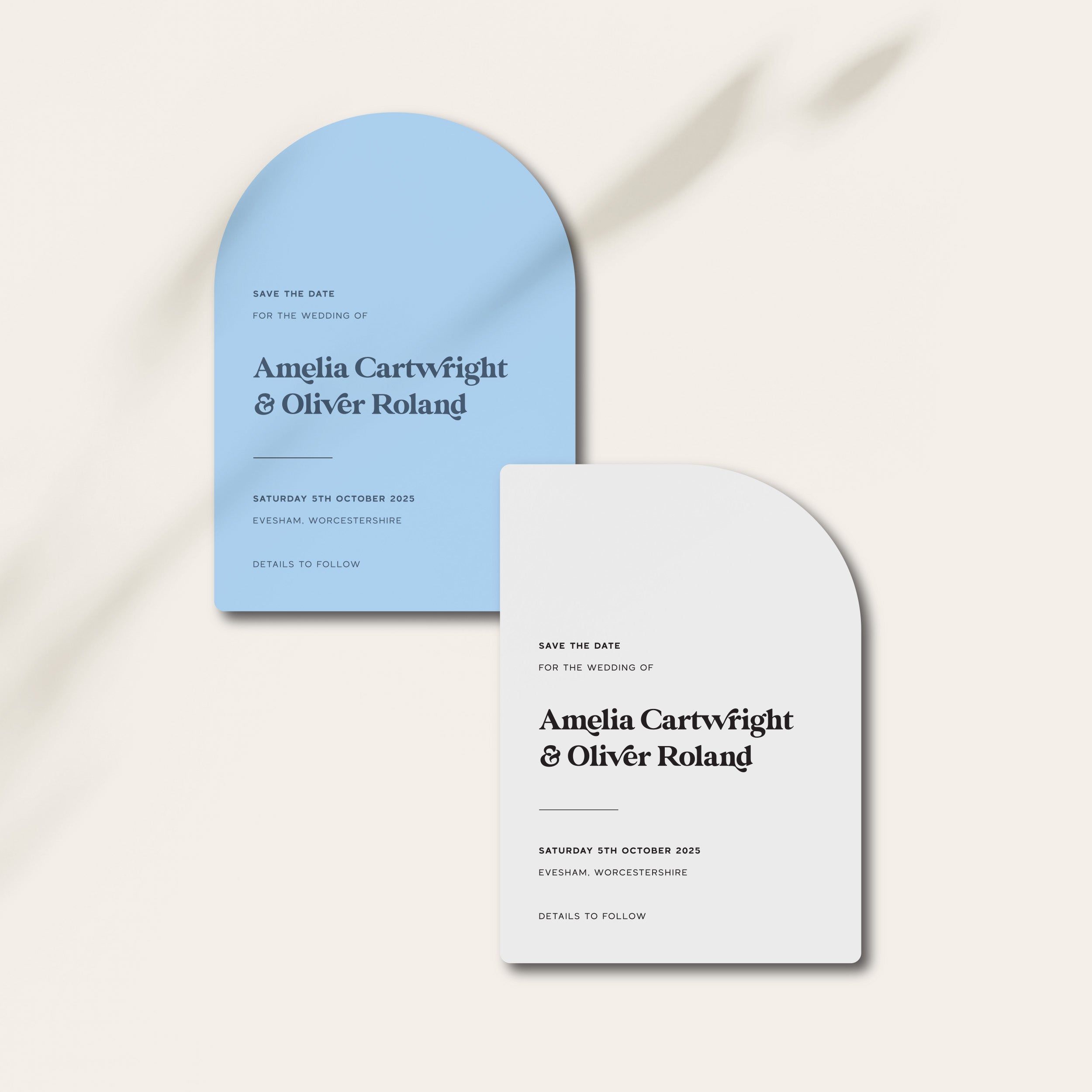 Arched and Shaped Save the Date in Azure Blue and Cool Grey - Soho Collection