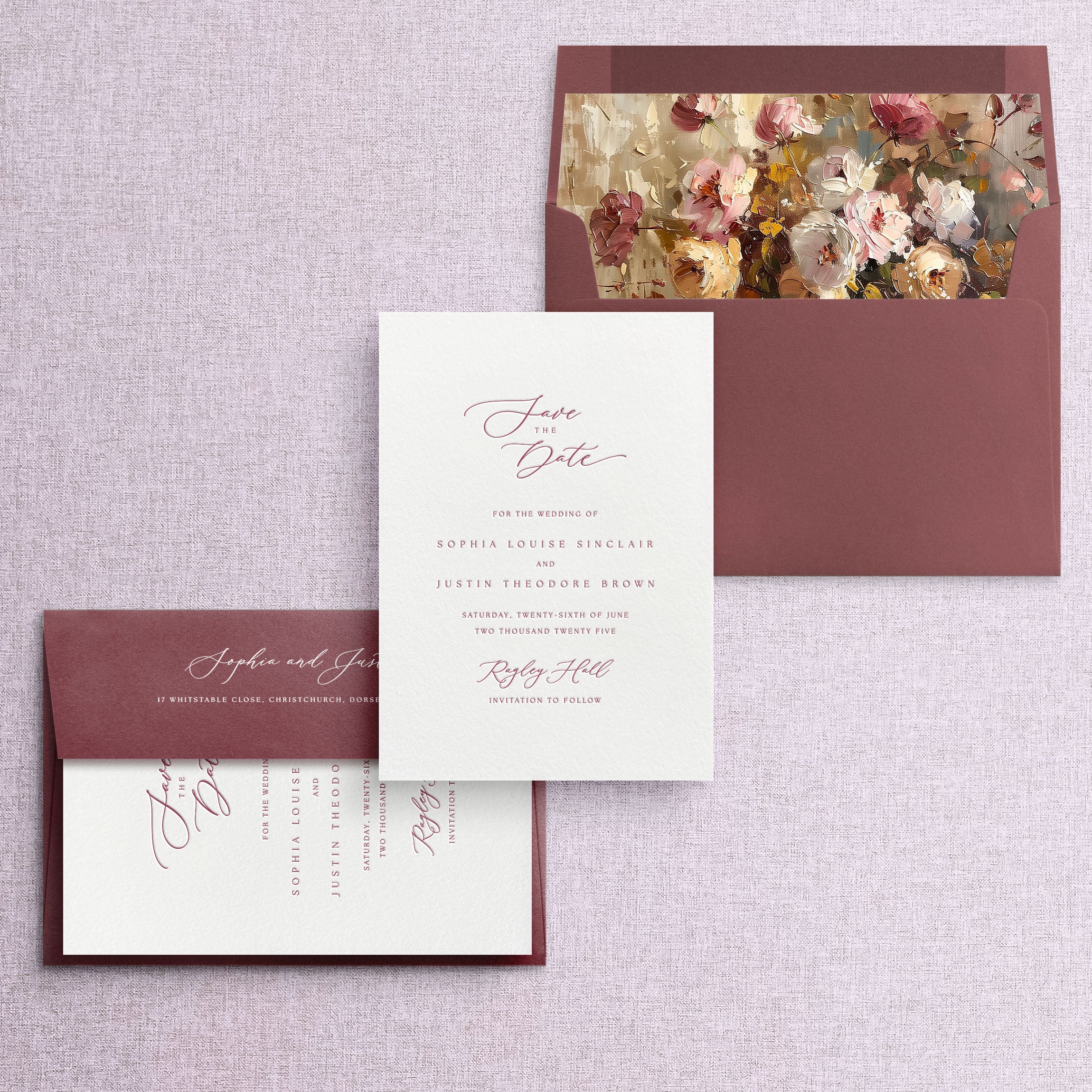 Letterpress Save the Date with Burgundy Envelopes and Floral Envelope Liner