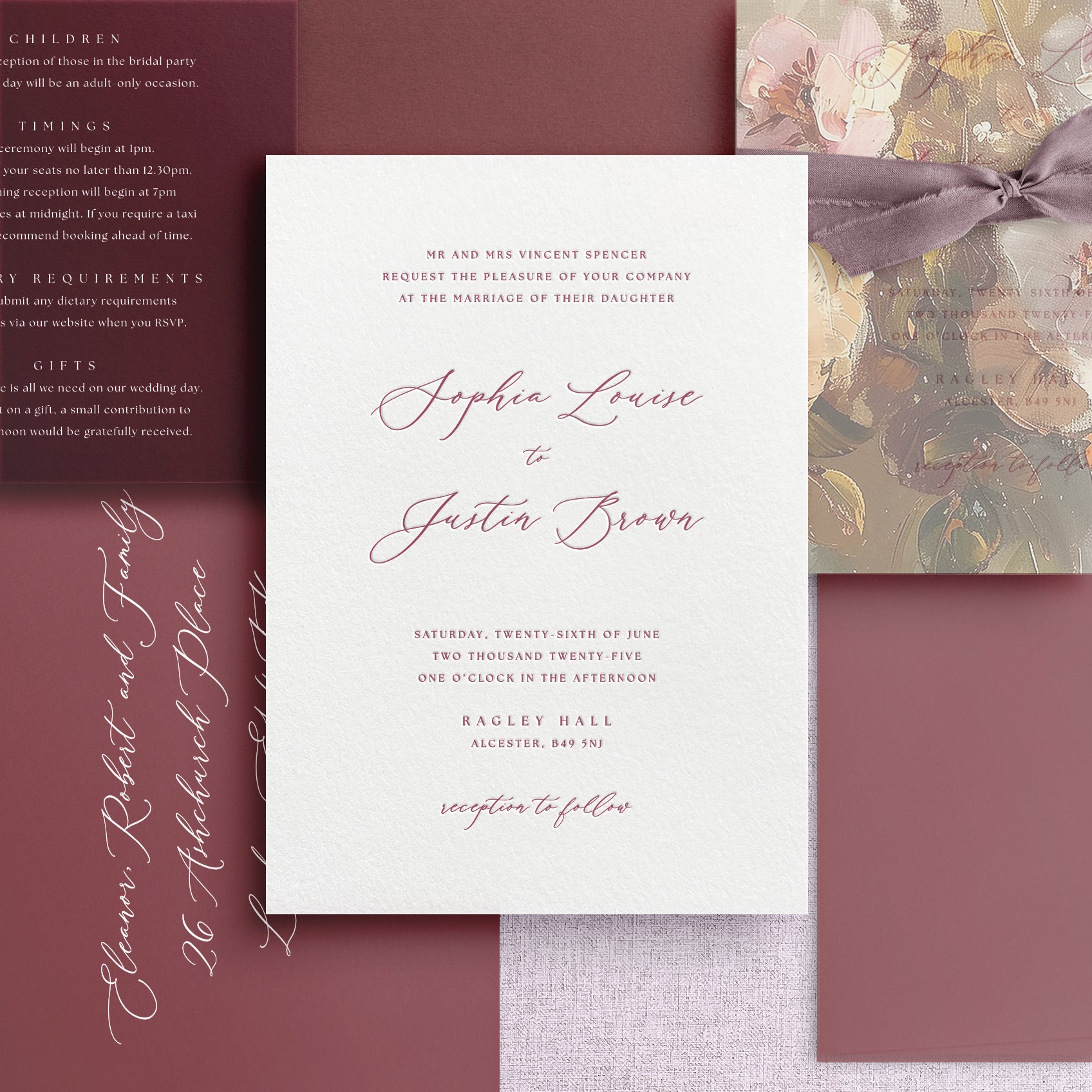 Burgundy Letterpress Wedding Invitation Suite