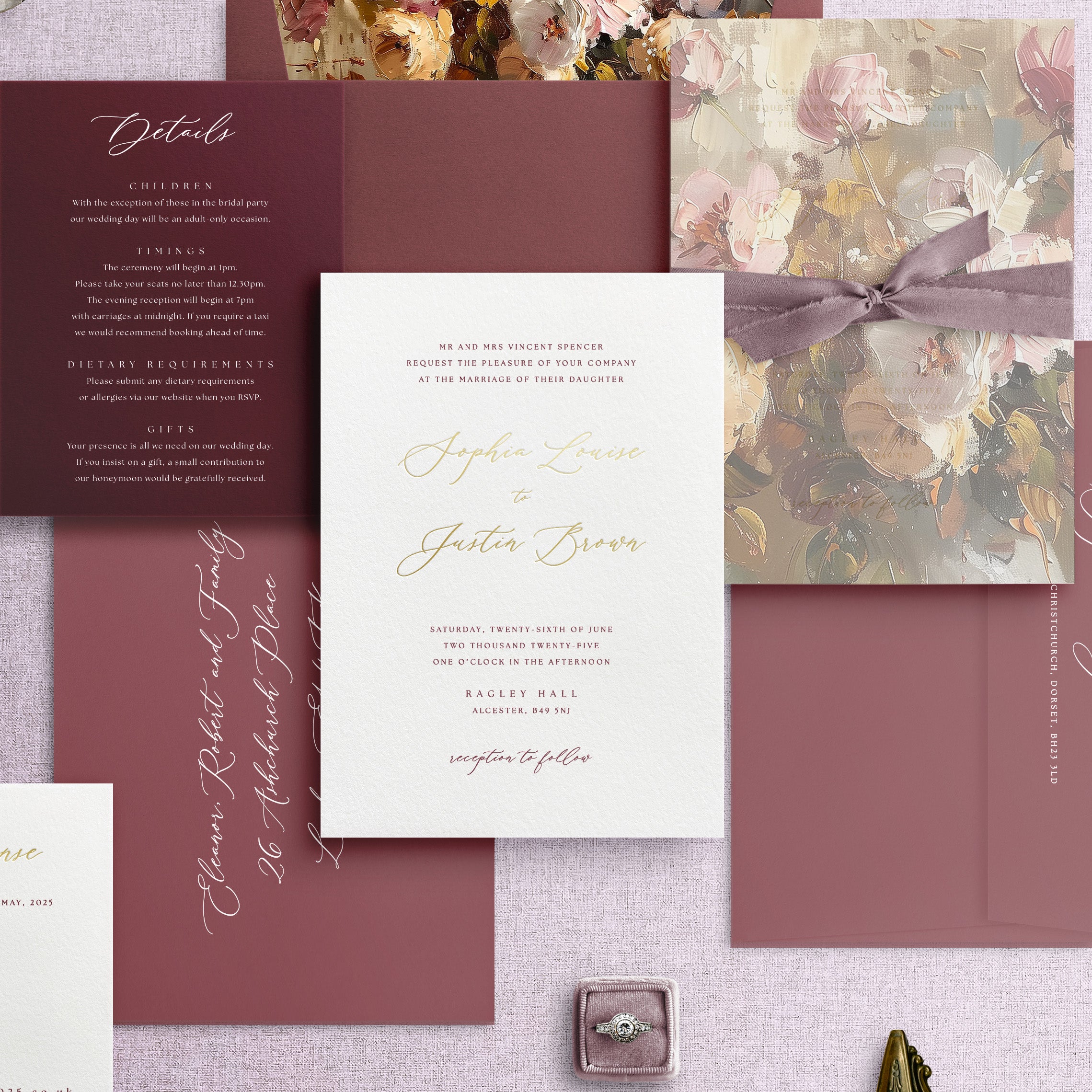 Hot Foil Luxury Wedding Invitations in Burgundy colour scheme
