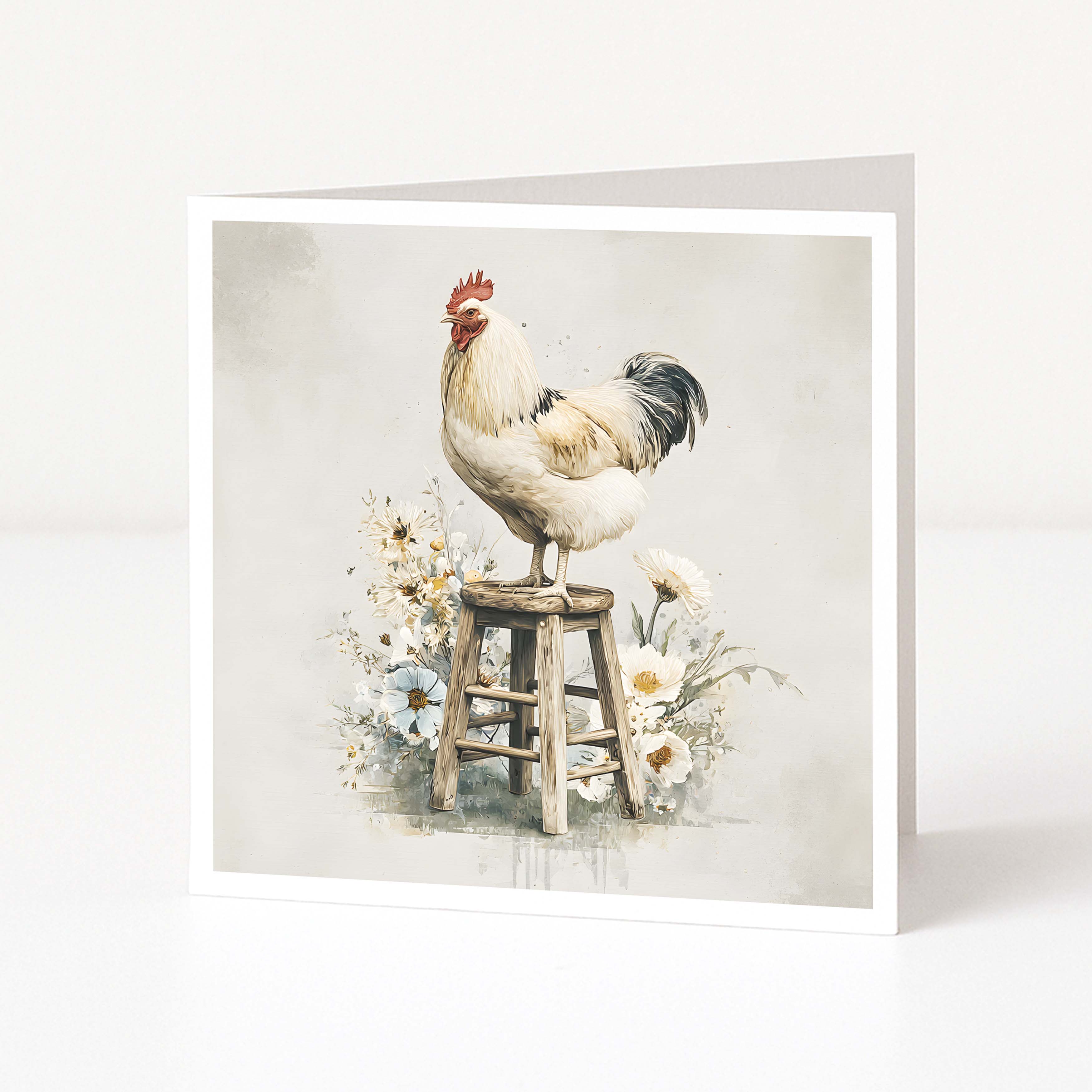 Card with a rooster on a stool surrounded by flowers on a light background