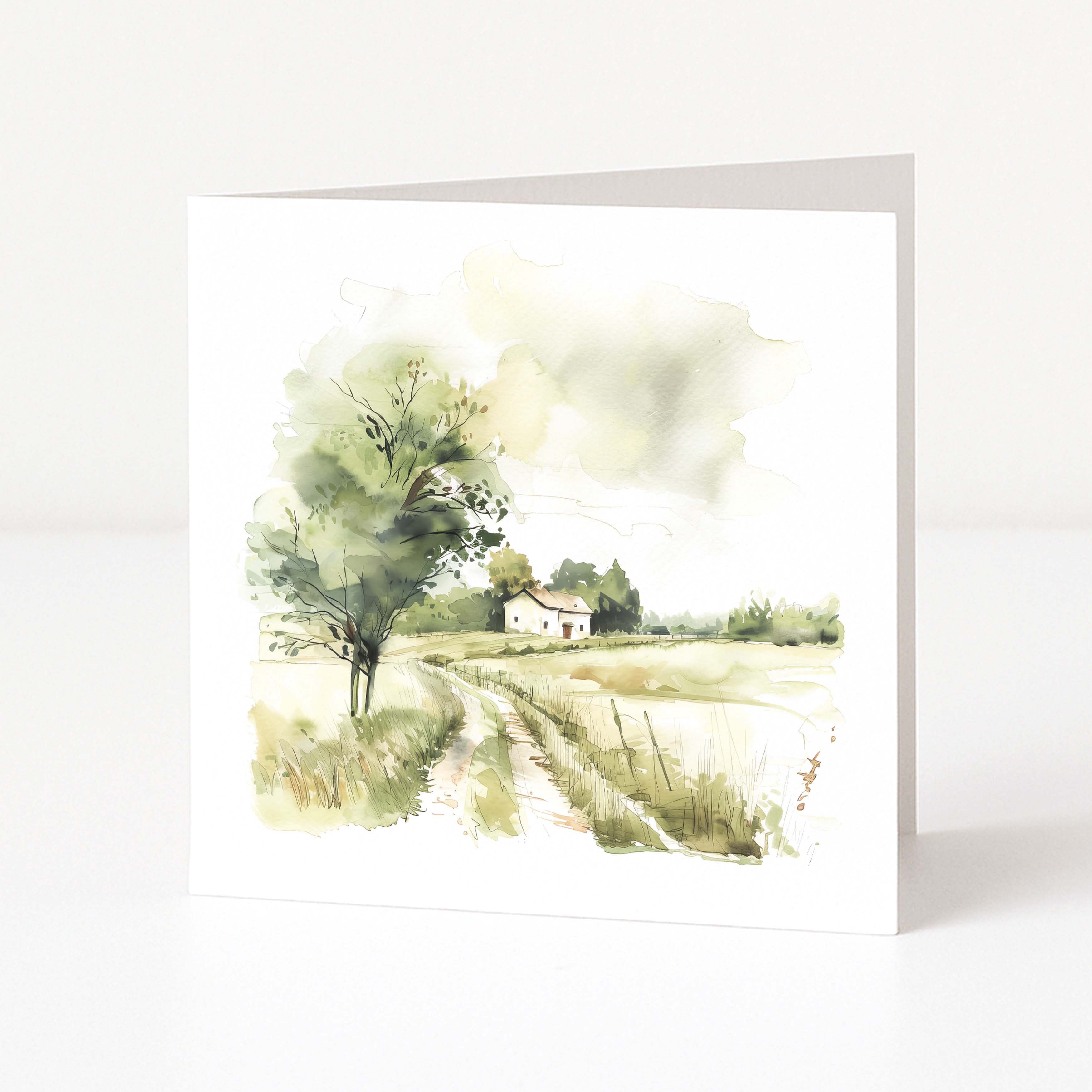 Greeting card with a scenic illustration of a house and trees on a white background