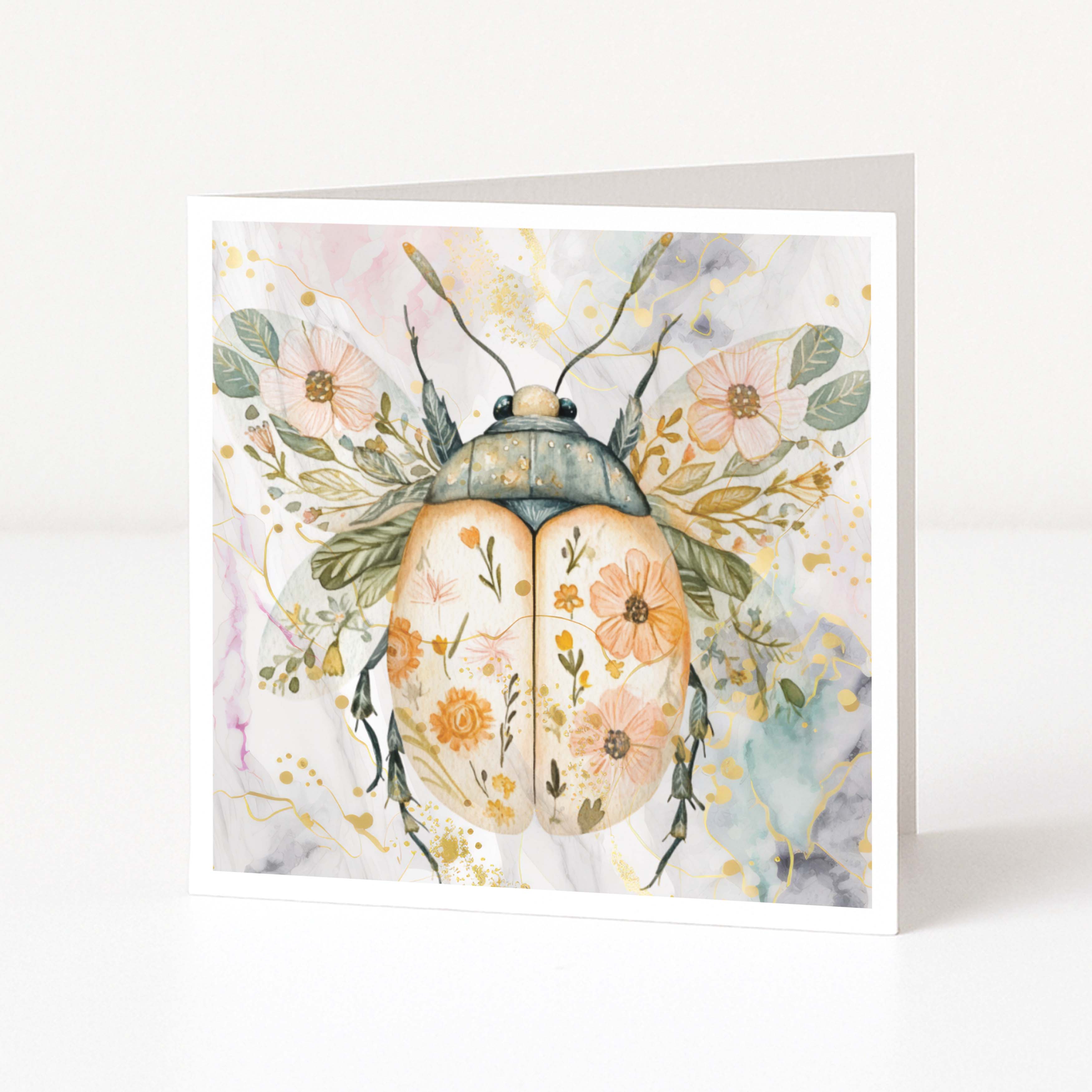 Greeting card with a beetle design featuring floral patterns on a white background