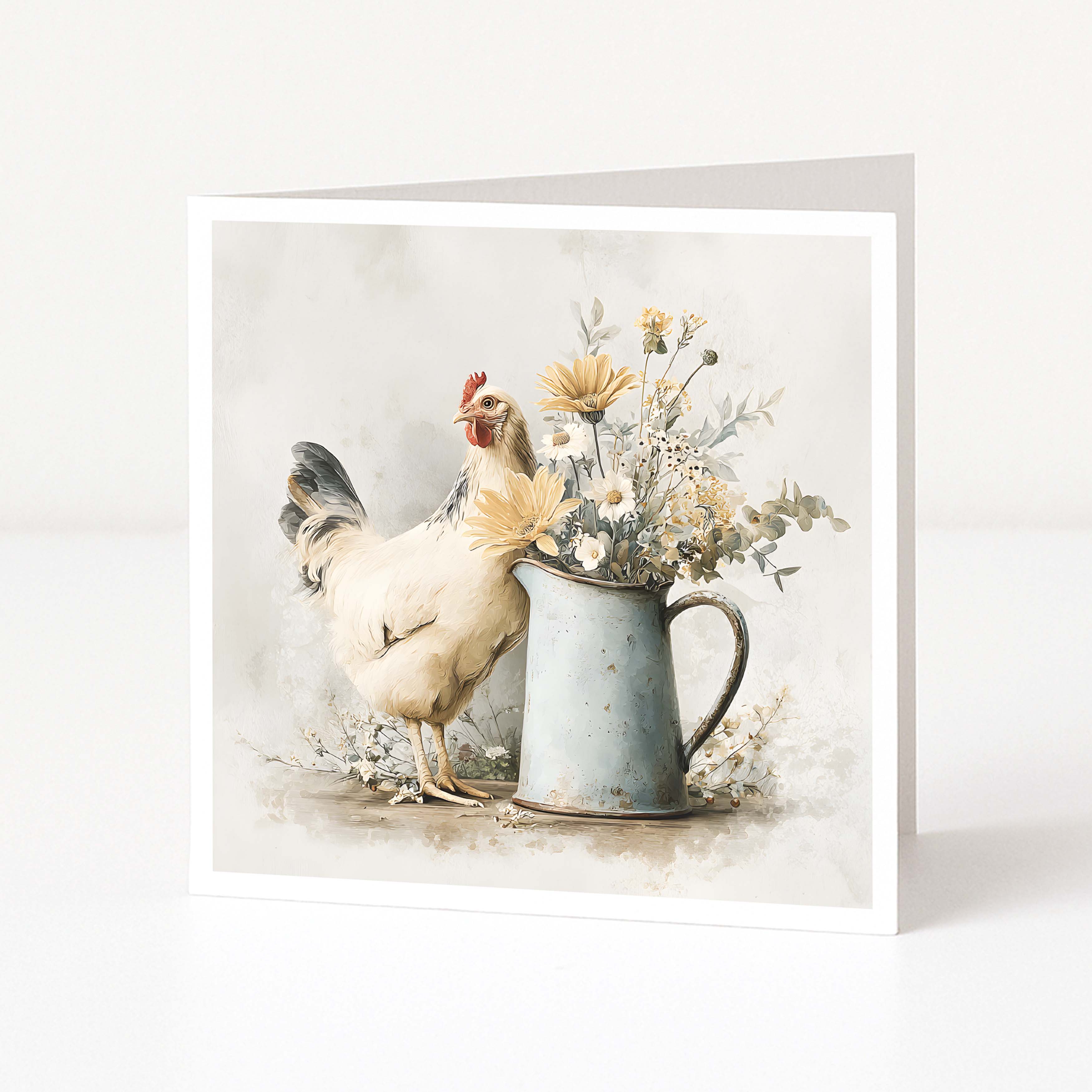 Card with a rooster and floral arrangement in a pitcher on a light background