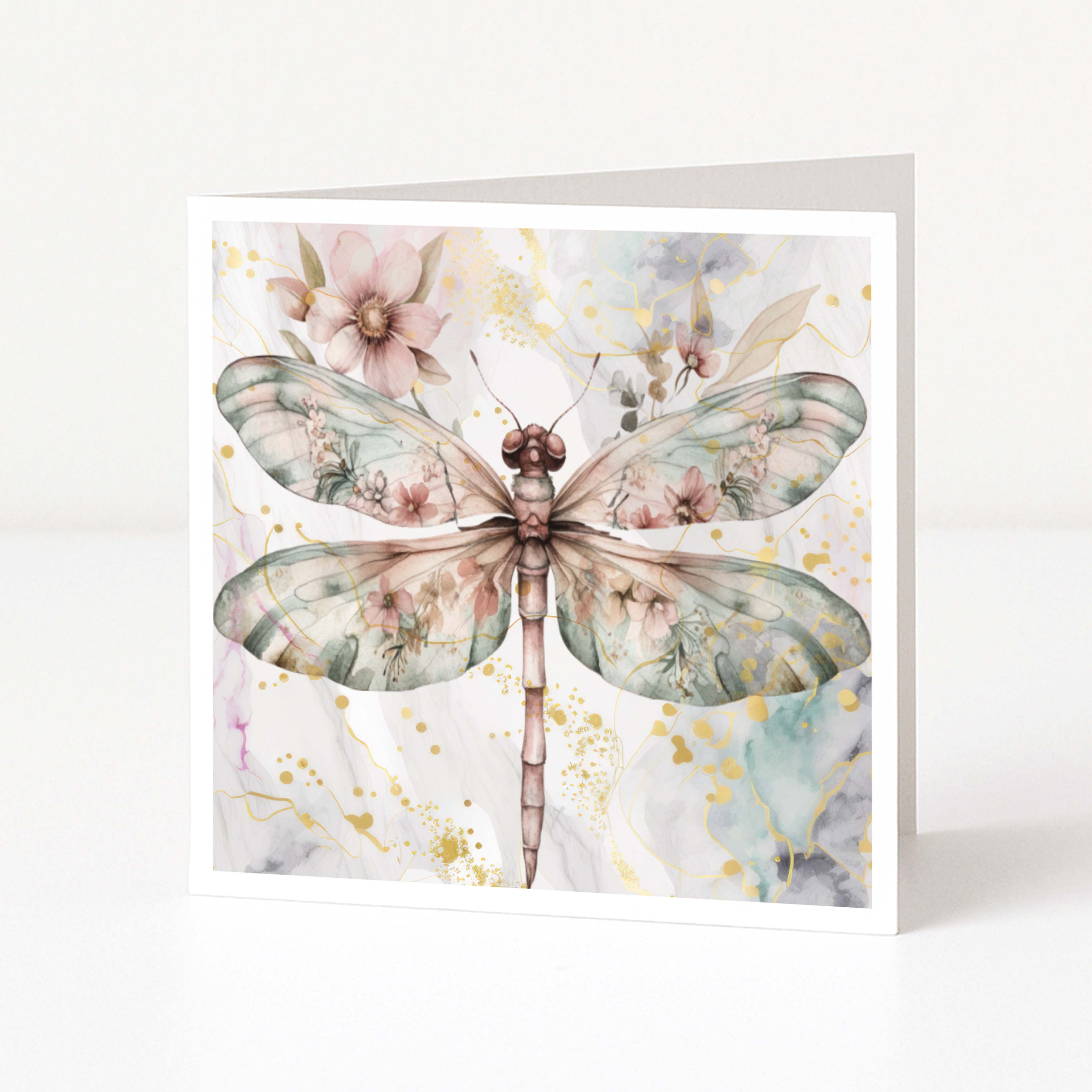 Greeting card with a dragonfly and floral design on a white background