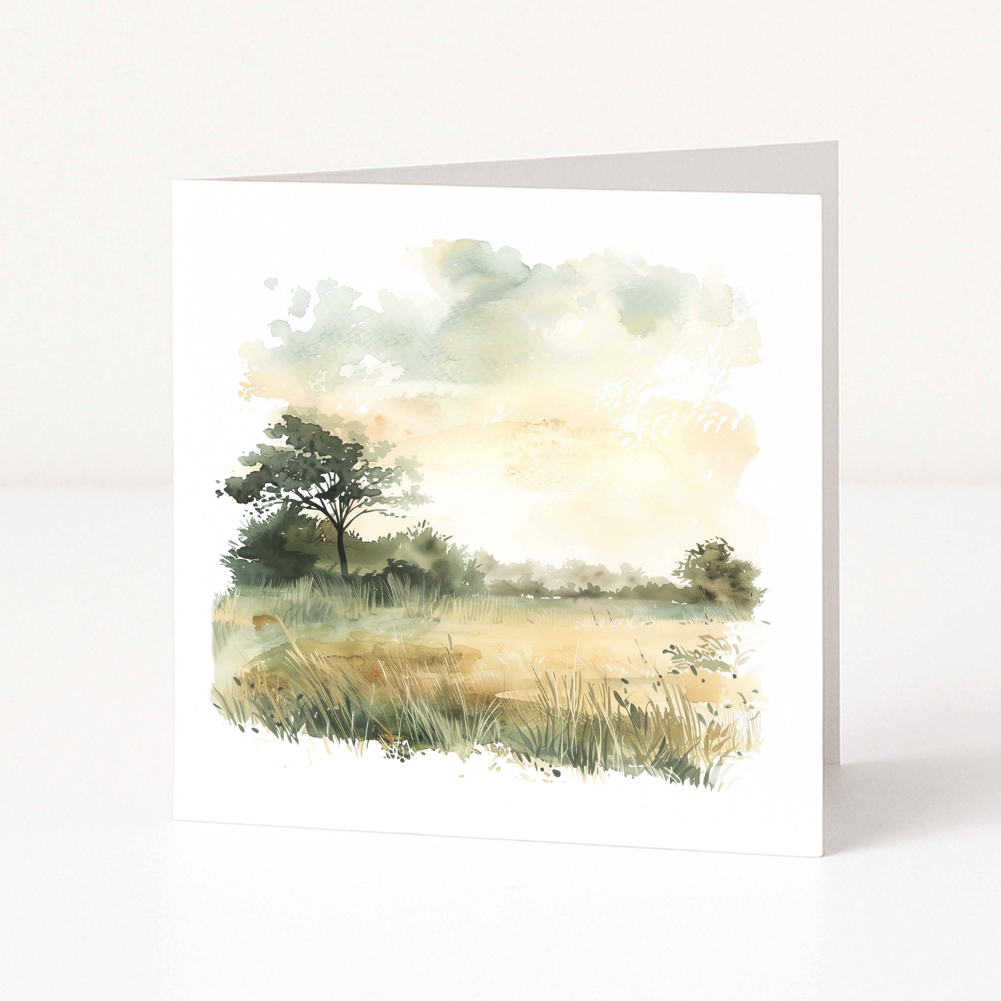 Greeting card with a watercolor landscape of trees and fields on a white background