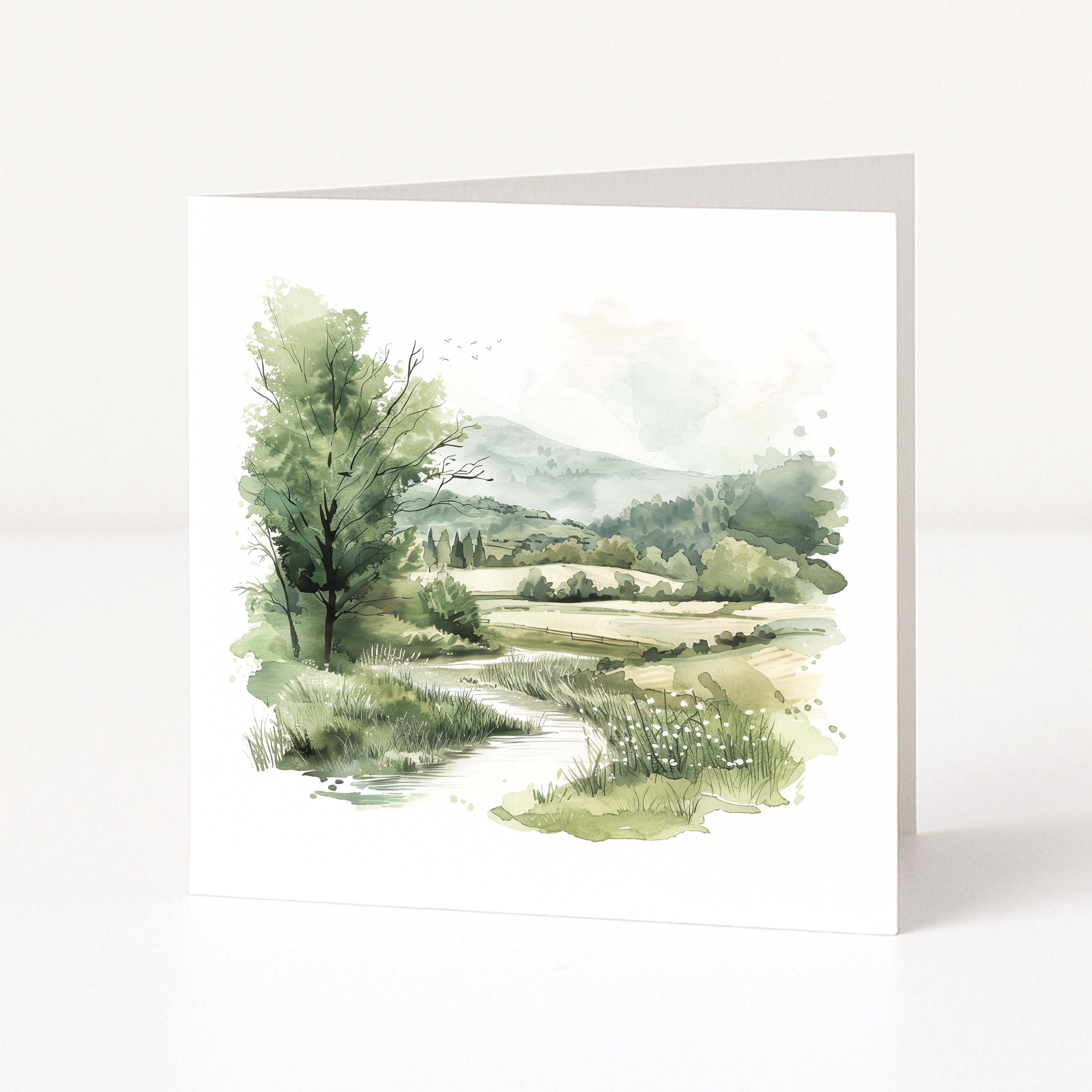 Greeting card with a scenic landscape illustration on a white background