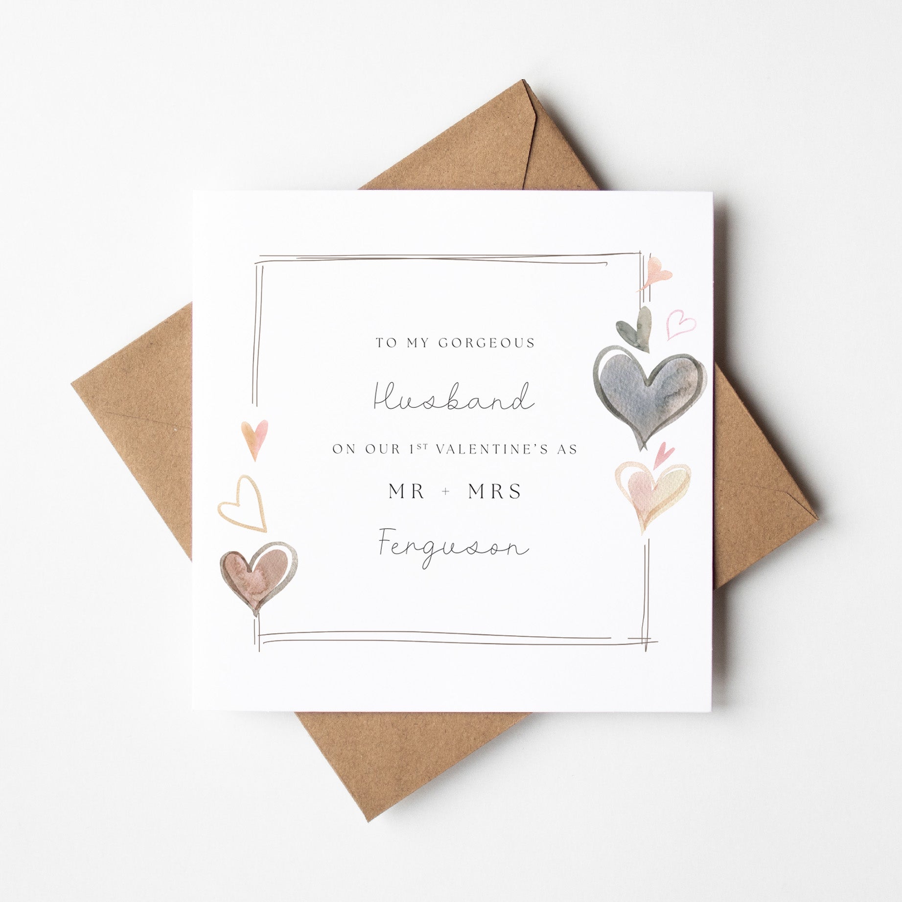 Valentine's Day card with decorative hearts and personalized text on a white background