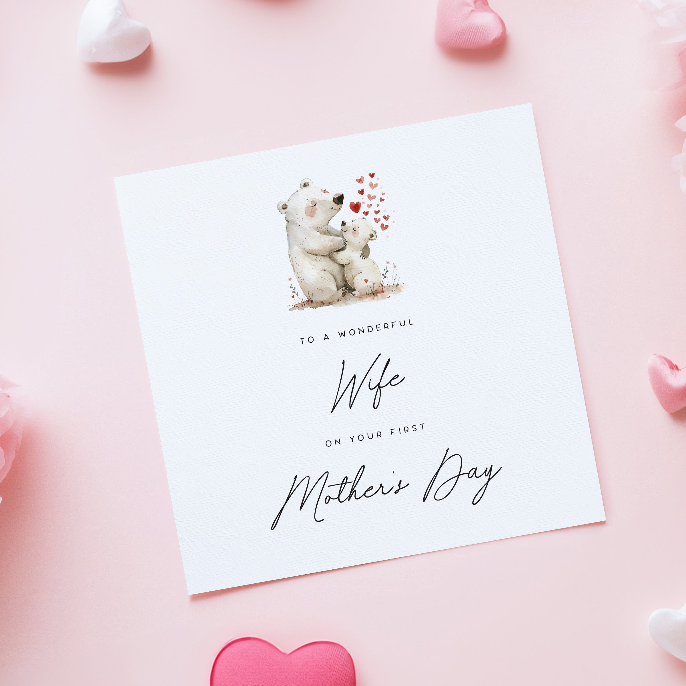 Greeting card with polar bear illustration and text on a pink background