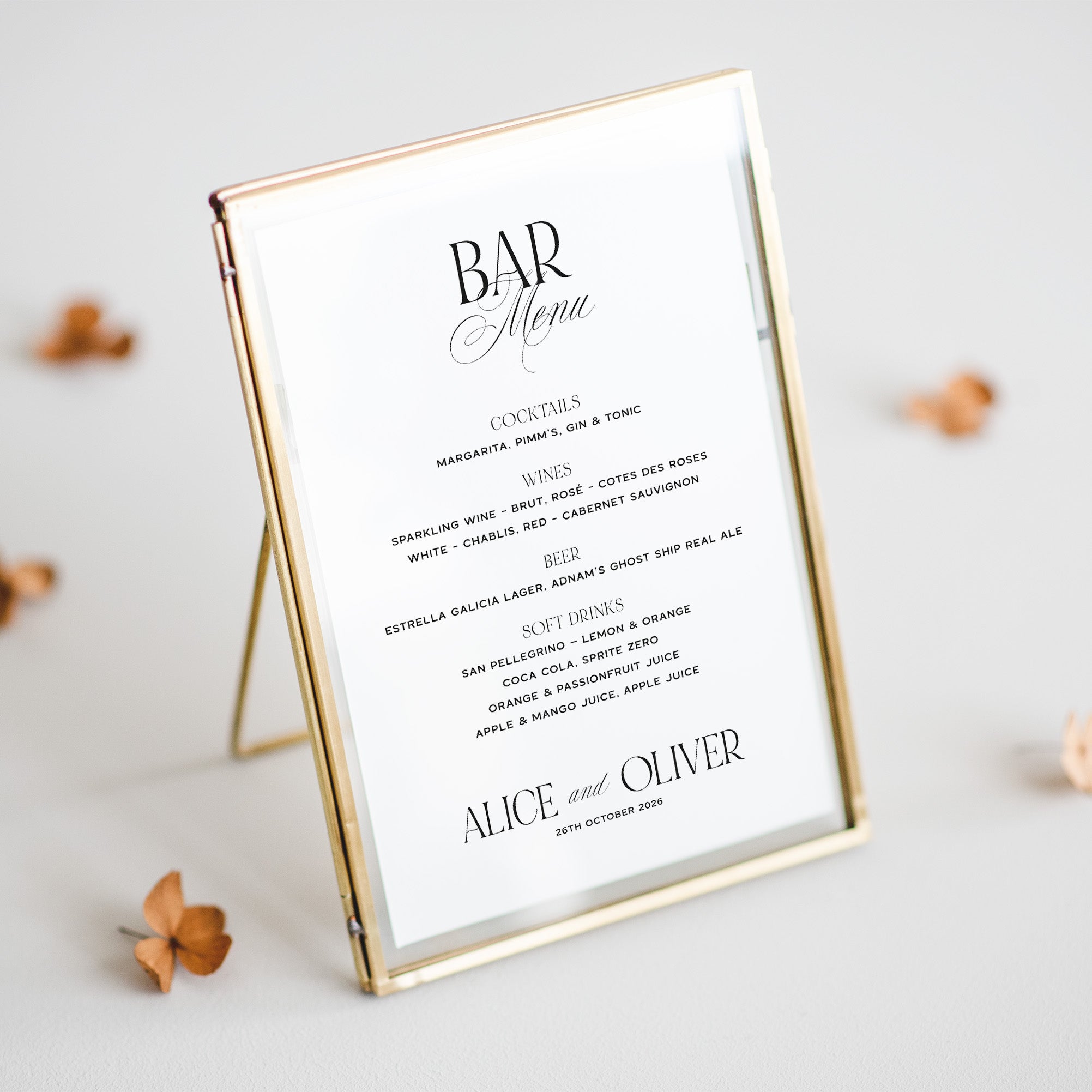 Bar menu sign with gold frame on a light background