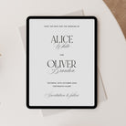 Digital wedding invitation on a tablet screen with a white background