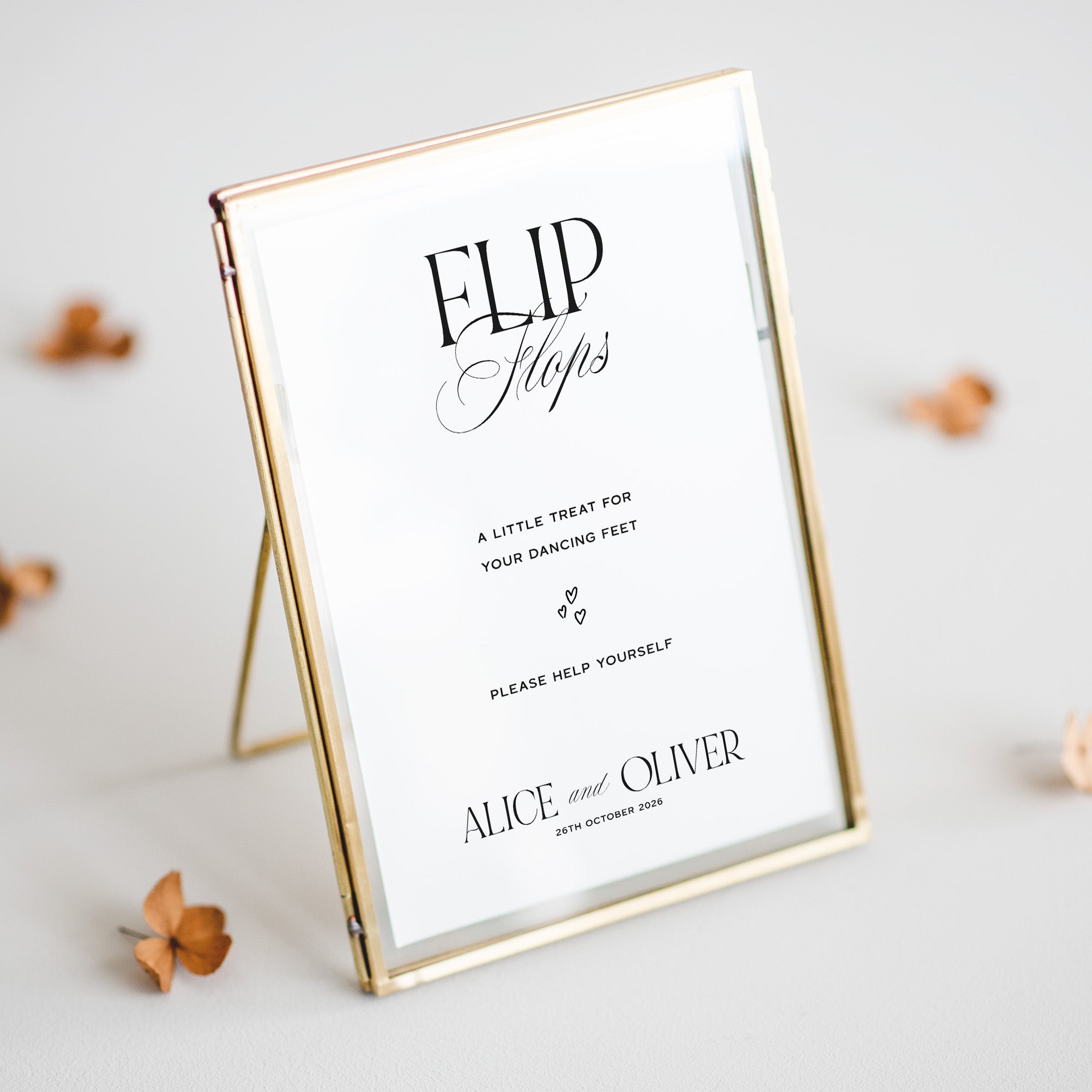 Decorative sign for flip-flops with personalized text on a white background