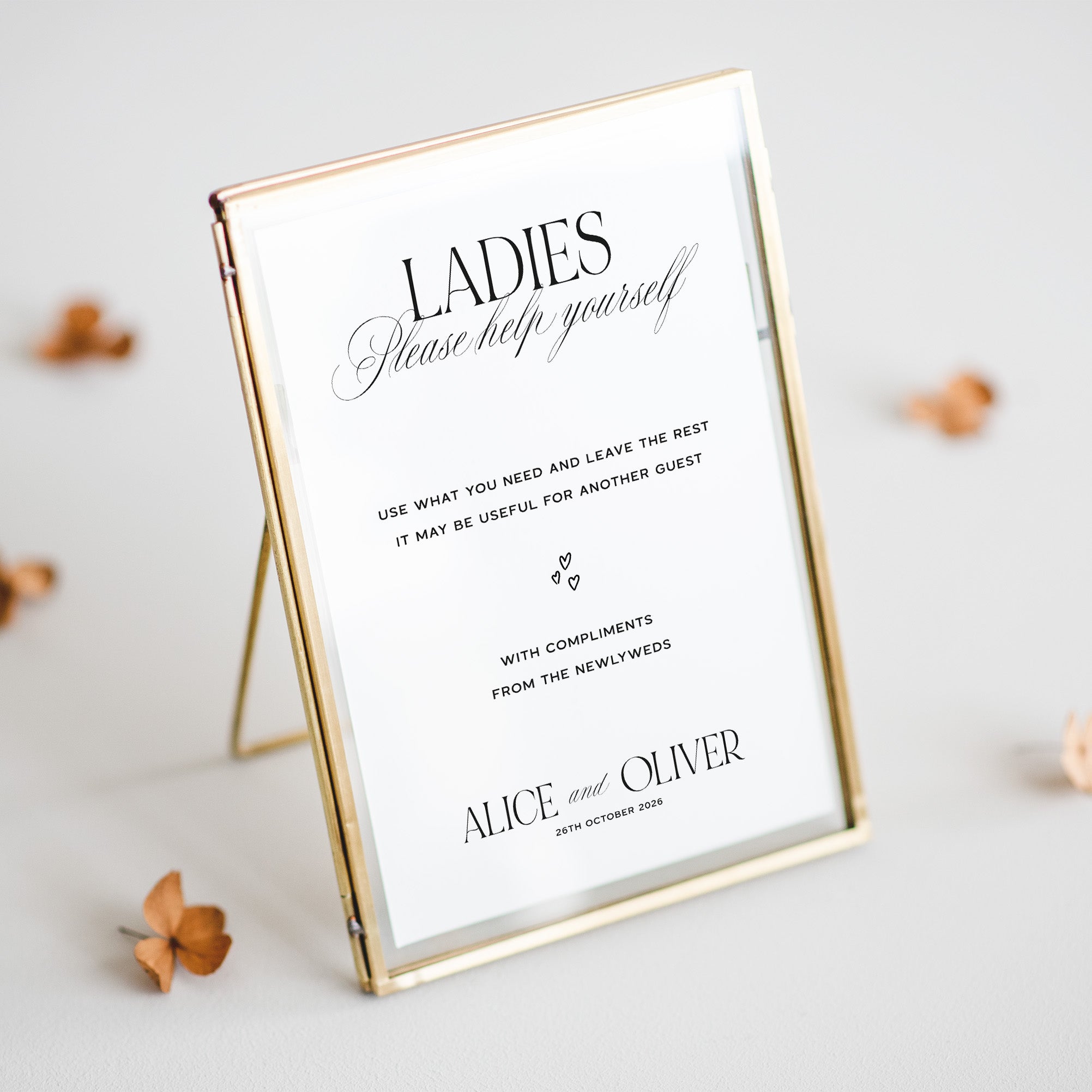 White ladies toiletries sign with black text in a gold frame on a light gray background