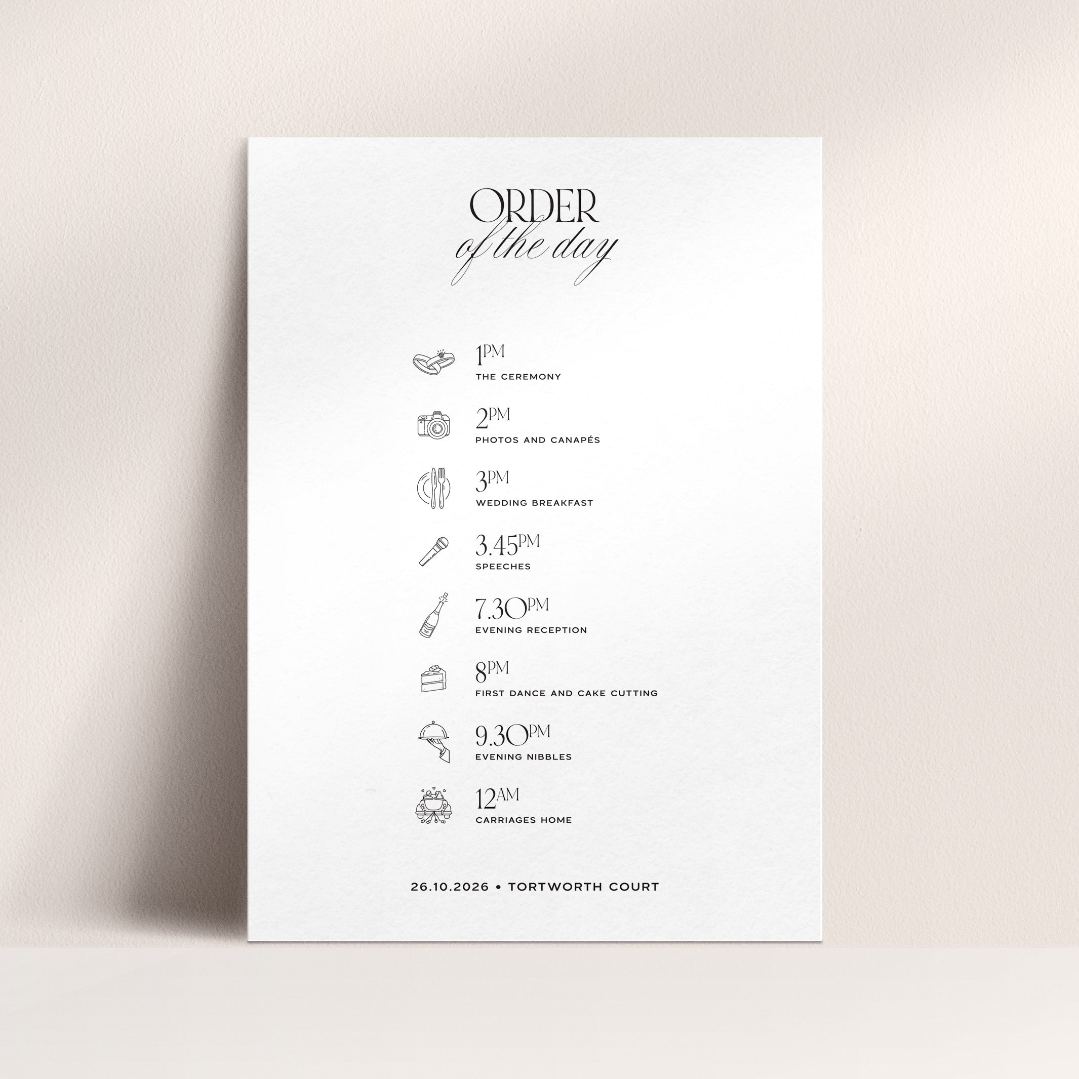 Order of the day for a wedding ceremony on a white background
