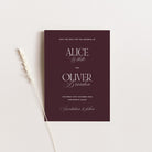 Save the date card for Alice and Oliver with a maroon background