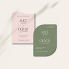 Two wedding save the date cards, one pink and one green, on a light background.