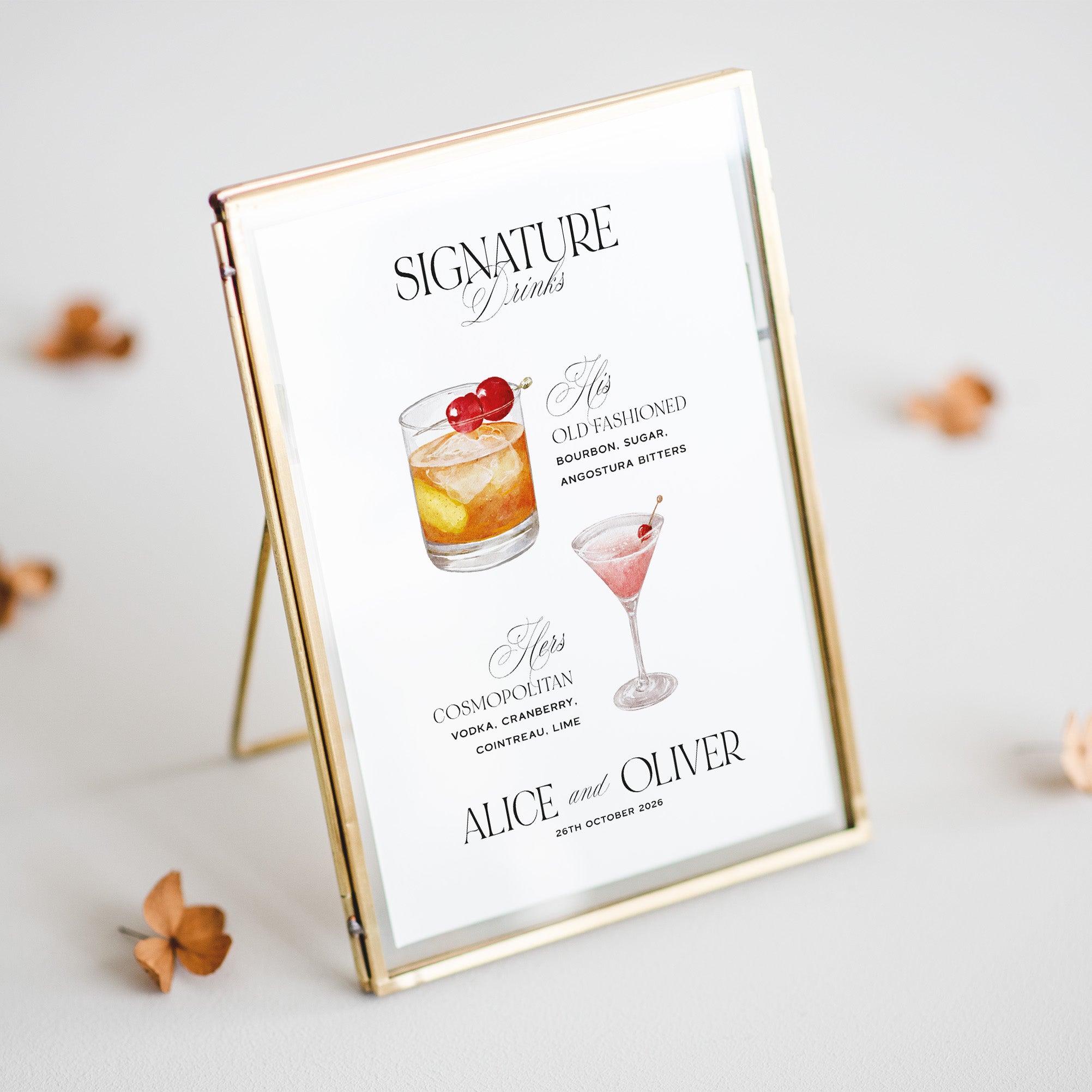 Framed print with cocktail illustrations and text on a light background