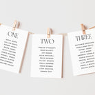 Wedding table plan cards with names on them, each labeled 'ONE', 'TWO', and 'THREE', hanging on a line with wooden clips.
