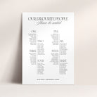 Wedding Seating chart for 'Our Favourite People' with names and numbers on a light background