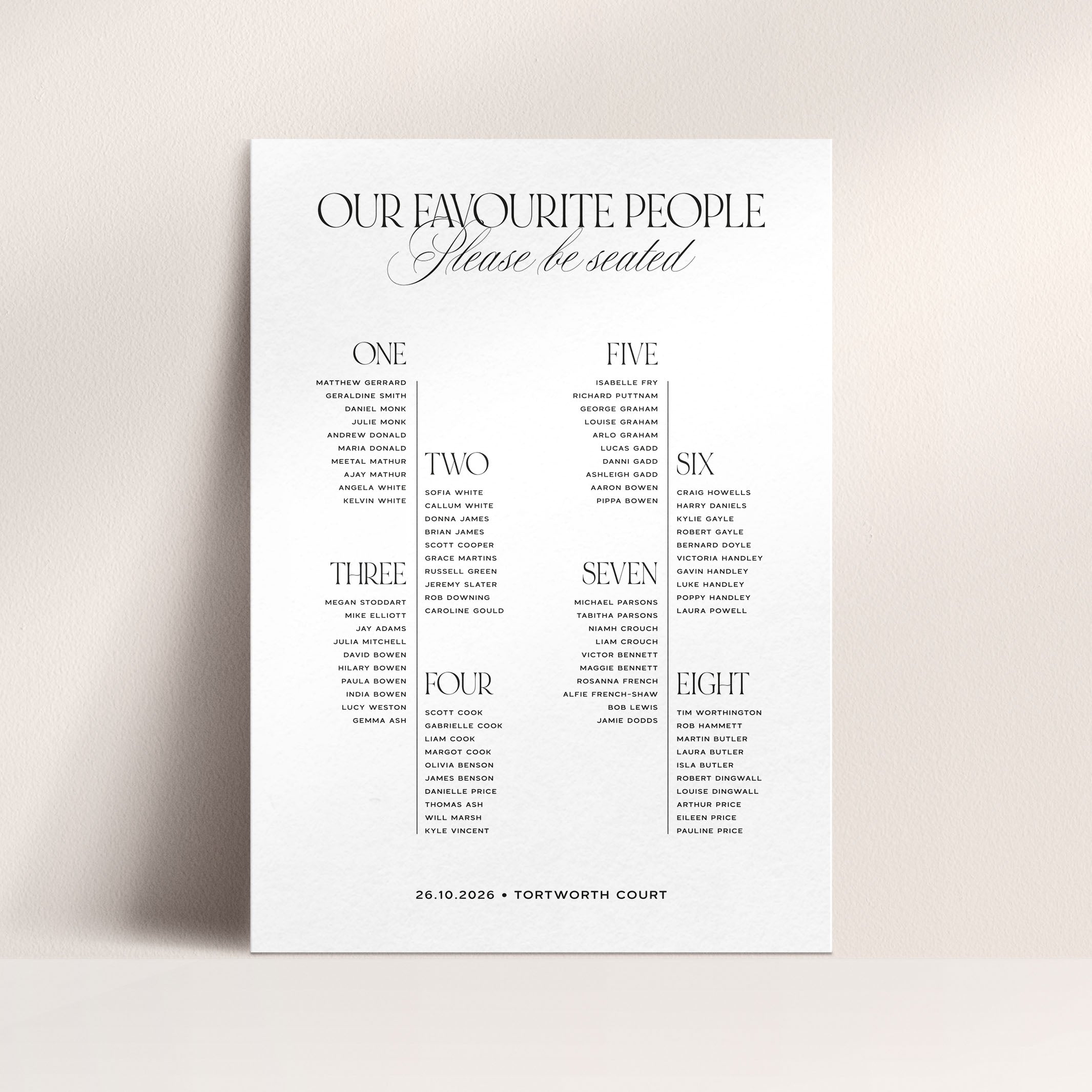 Wedding Seating chart for 'Our Favourite People' with names and numbers on a light background