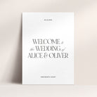 Wedding welcome sign with text 'Welcome to the Wedding of Alice & Oliver' on a white background