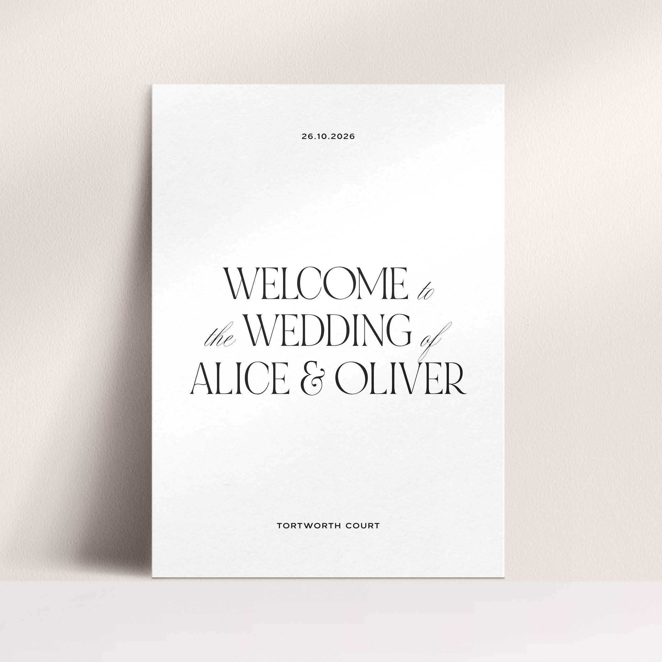 Wedding welcome sign with text 'Welcome to the Wedding of Alice & Oliver' on a white background