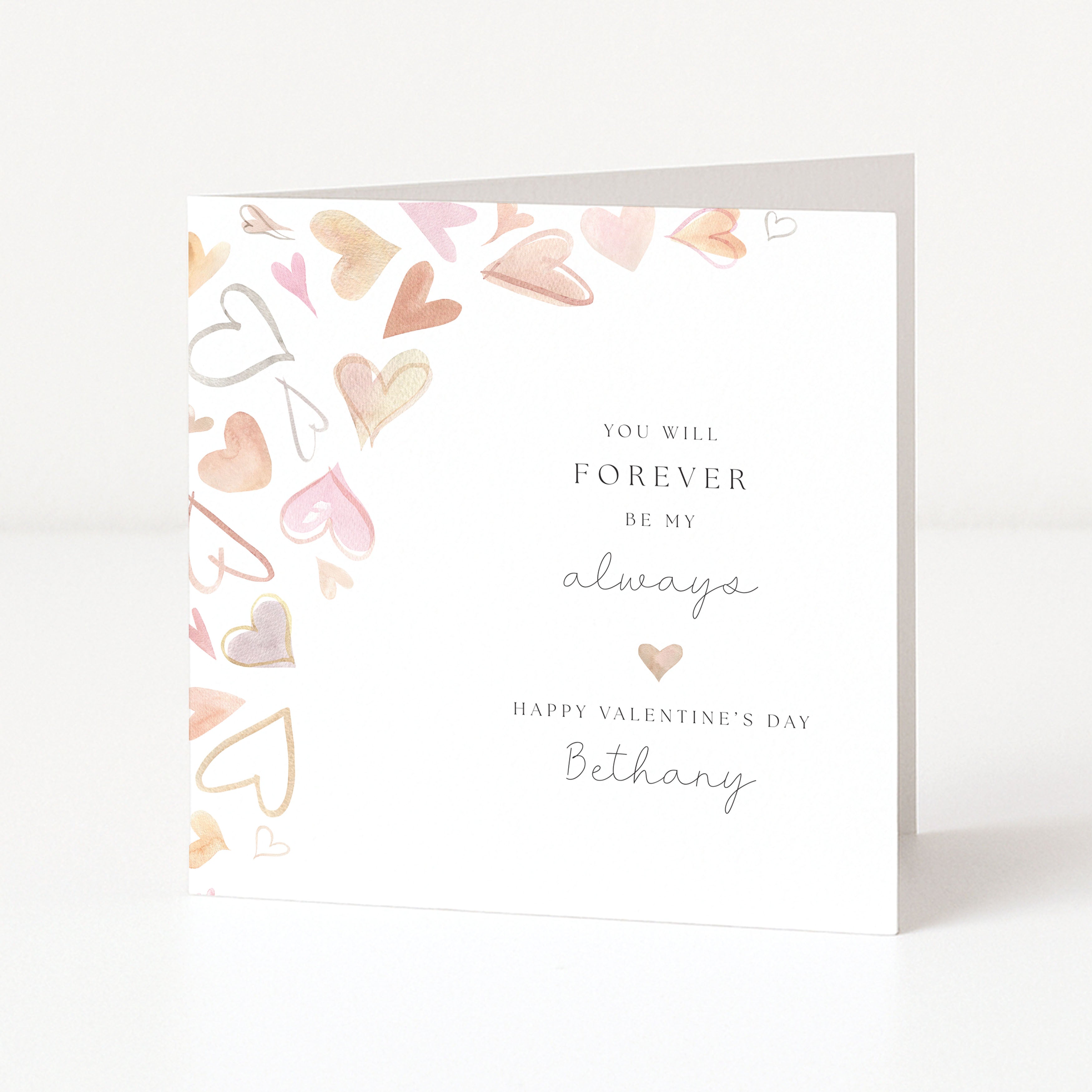 Valentine's Day card with heart designs and personalized text on a white background