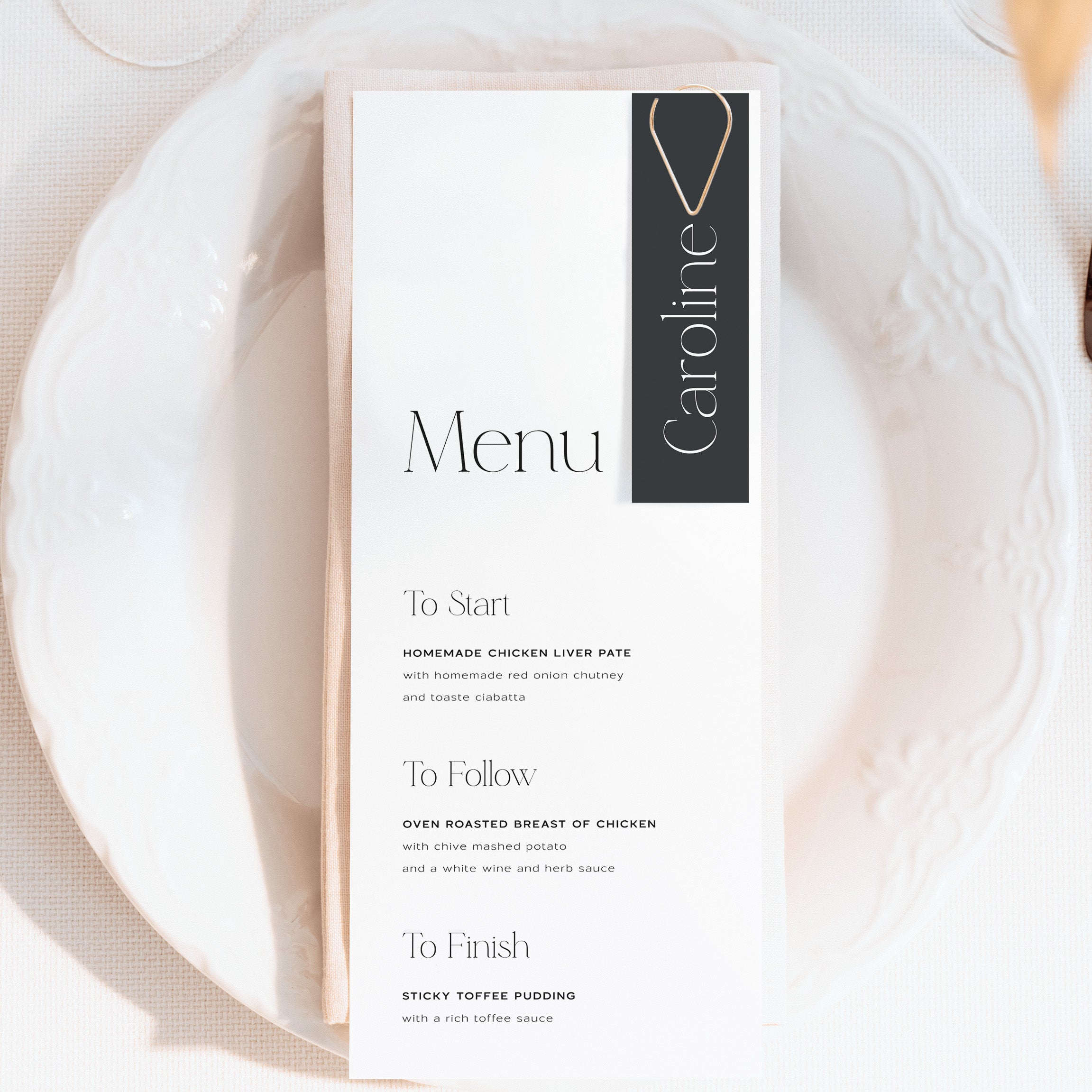 Contemporary Wedding Menu Card with Slate Grey Name Tag - Victoria Collection, Elle Bee Design