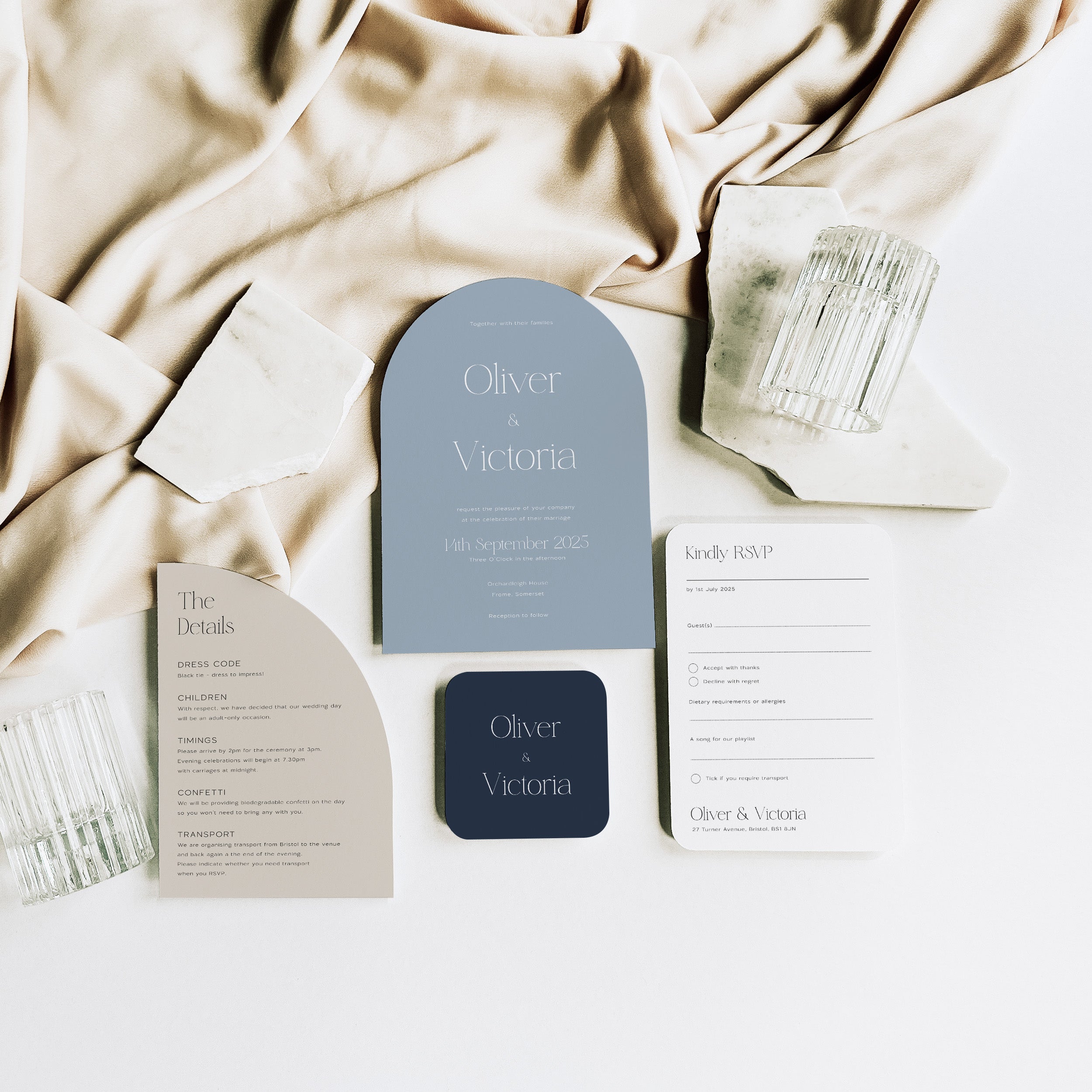 Modern Arched Blue Shaped wedding Invitation Suite - Victoria Collection, Elle Bee Design