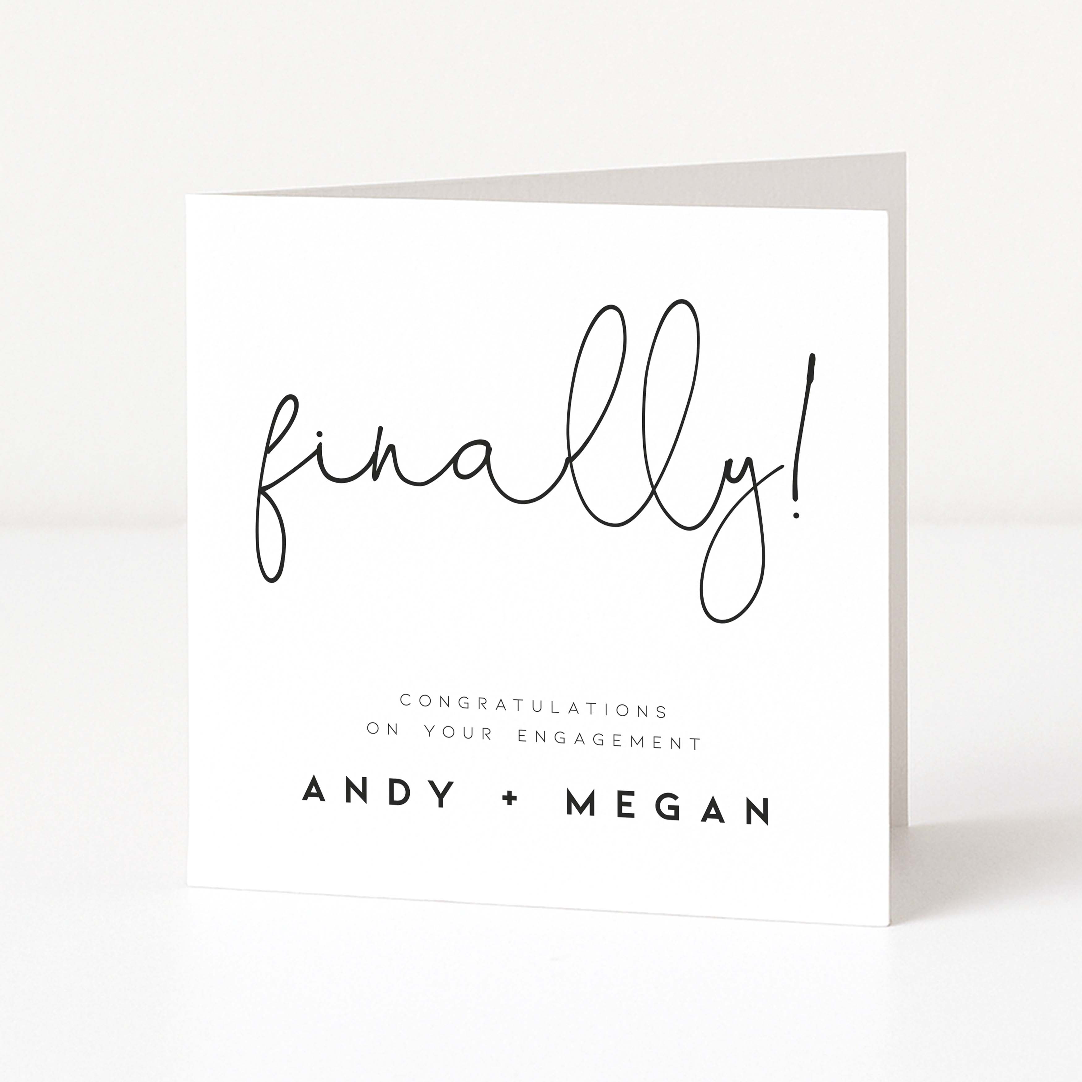 Engagement card with 'finally!' and personalized names on a white background