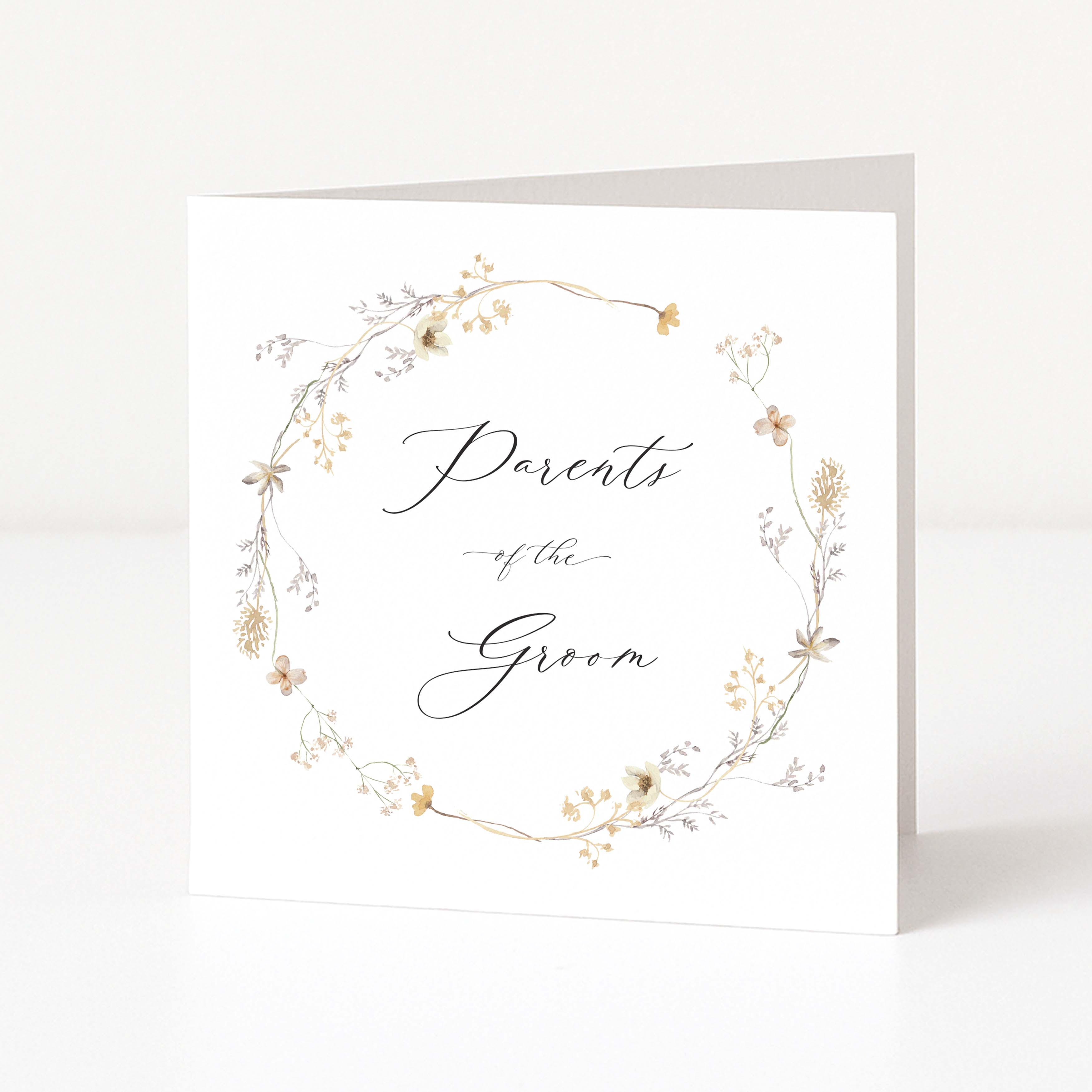 Floral greeting card with text for parents of the groom on a white background