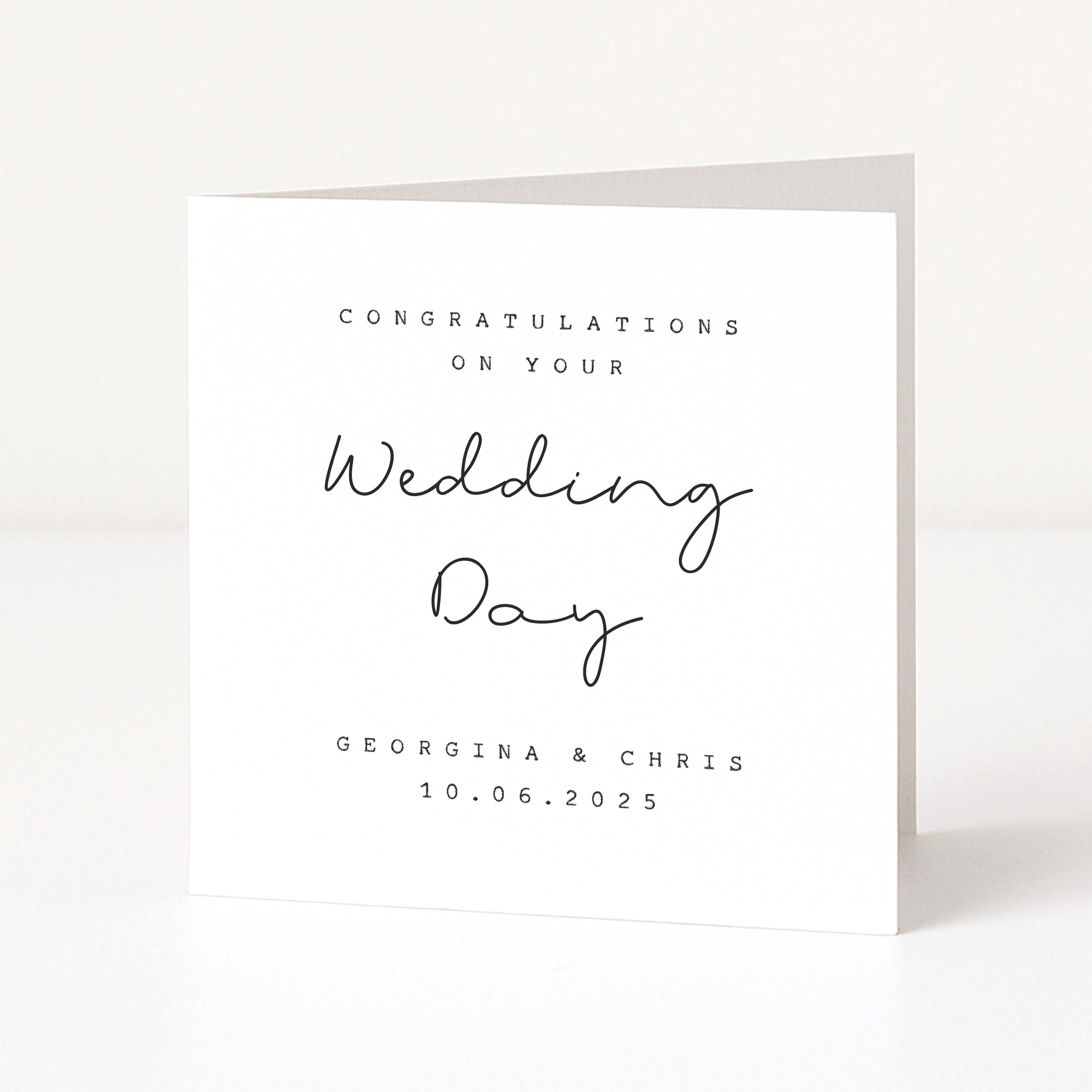 White card with black text 'Congratulations on your Wedding Day' and names and date.