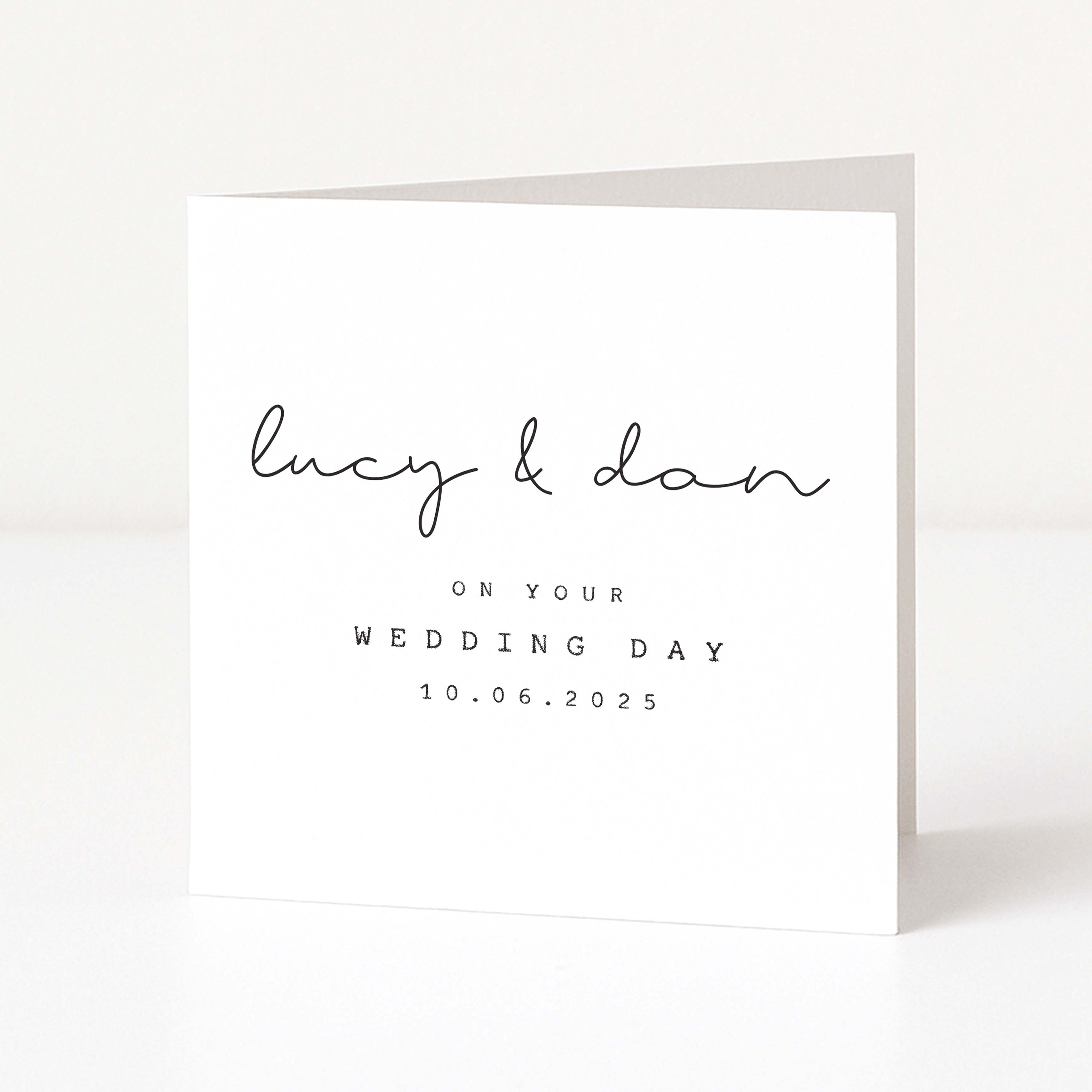 Greeting card with 'Lucy & Dan' and wedding date on a white background