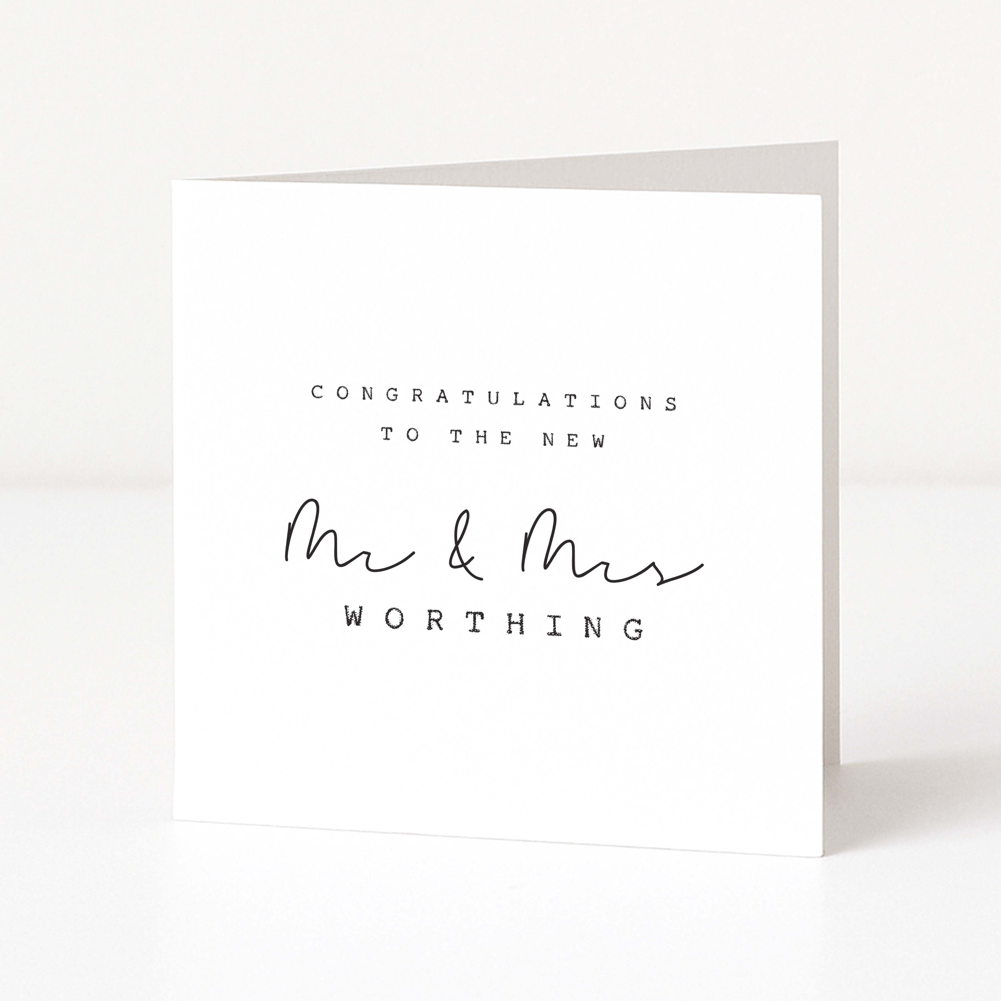 Greeting card with 'Congratulations to the new Mr & Mrs Worthing' text on a white background