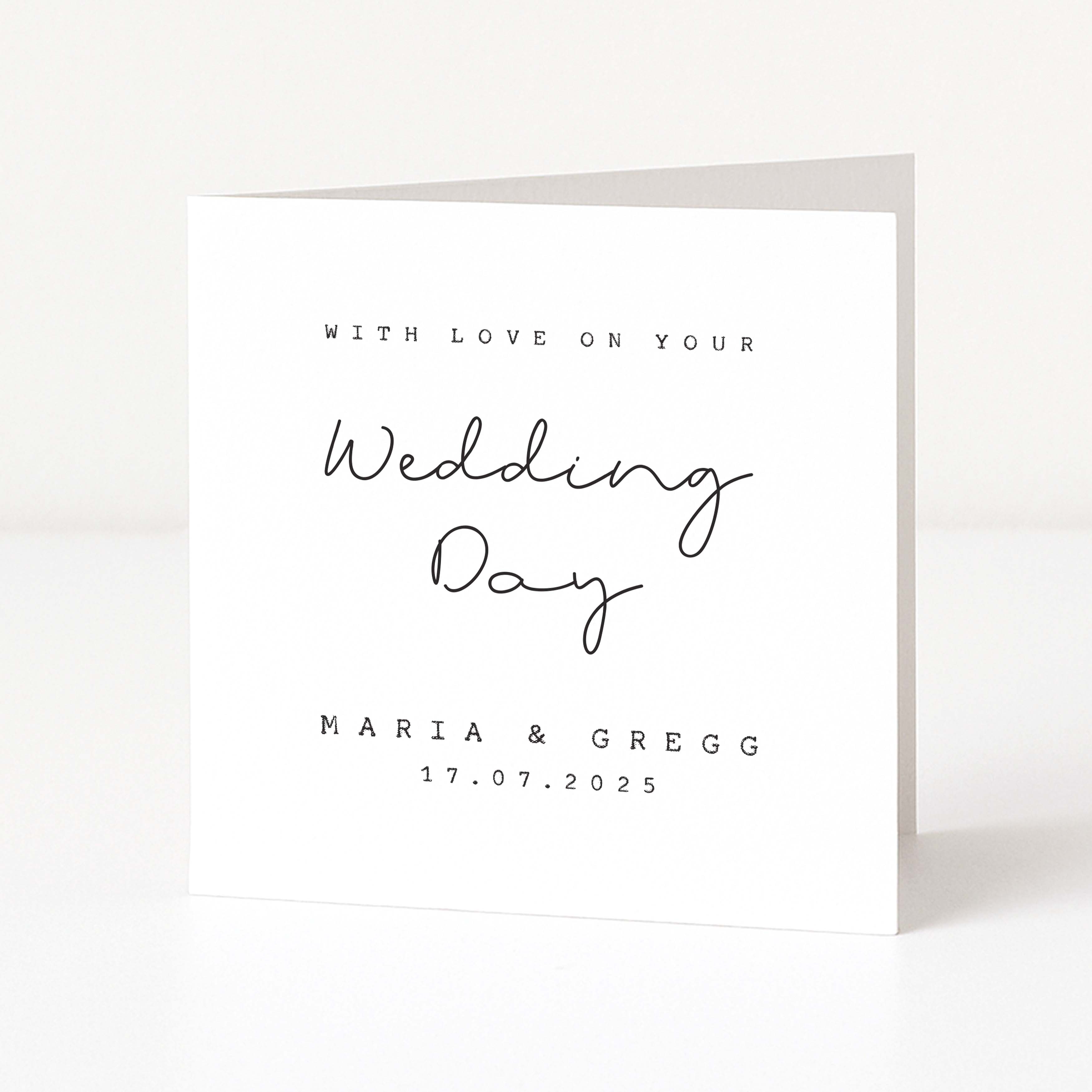 White card with black text 'With love on your wedding day' and names 'Maria & Gregg' on a white background