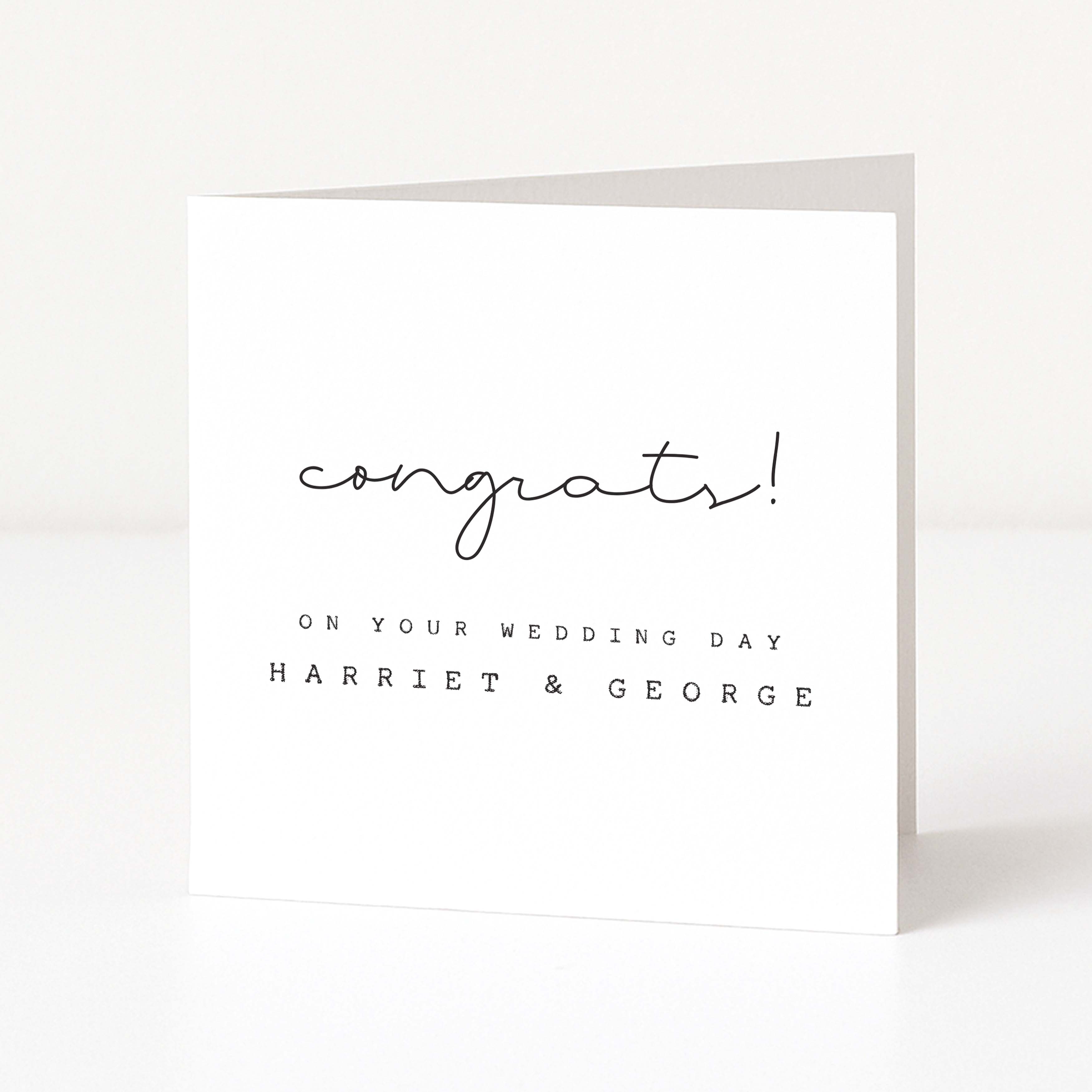 White card with black text 'congrats! ON YOUR WEDDING DAY HARRIET & GEORGE' on a white background