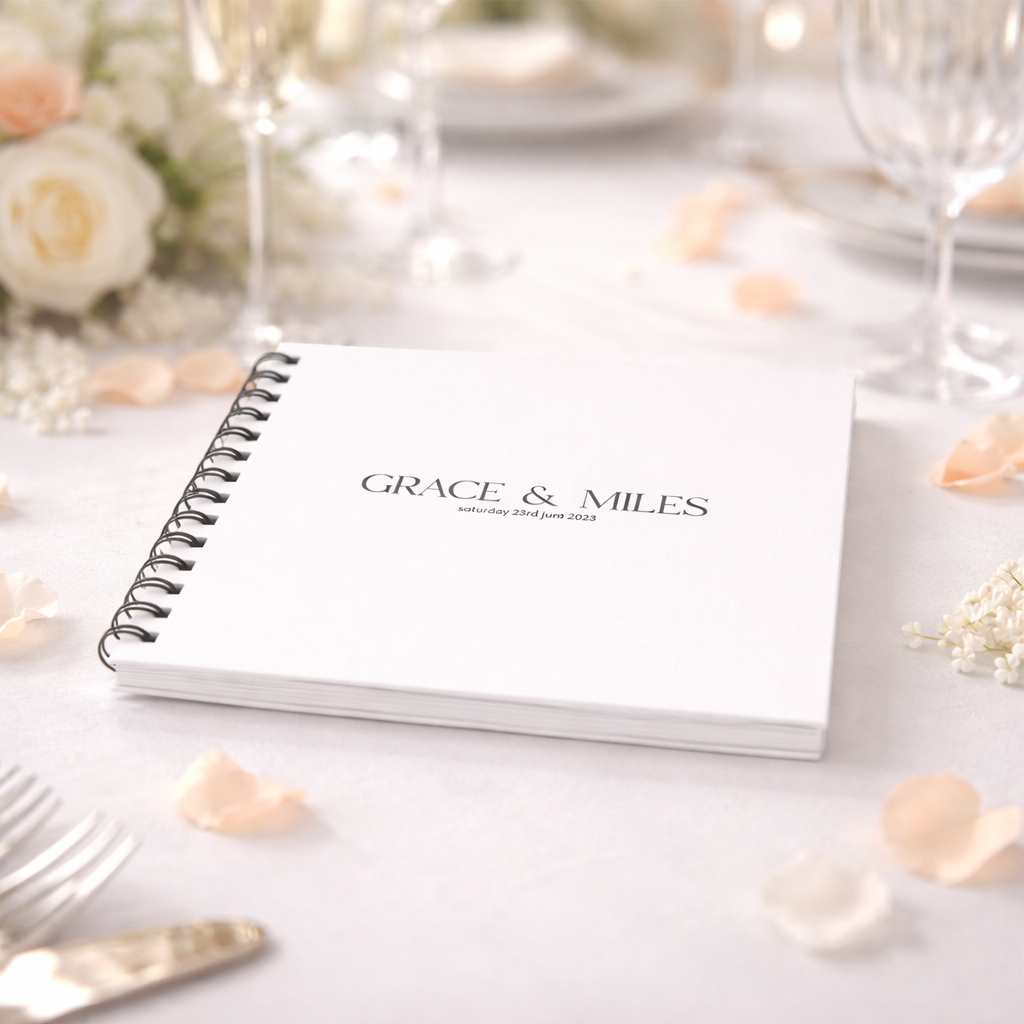 Guestbook with 'GRACE & MILES' on a decorative table with flowers and cutlery